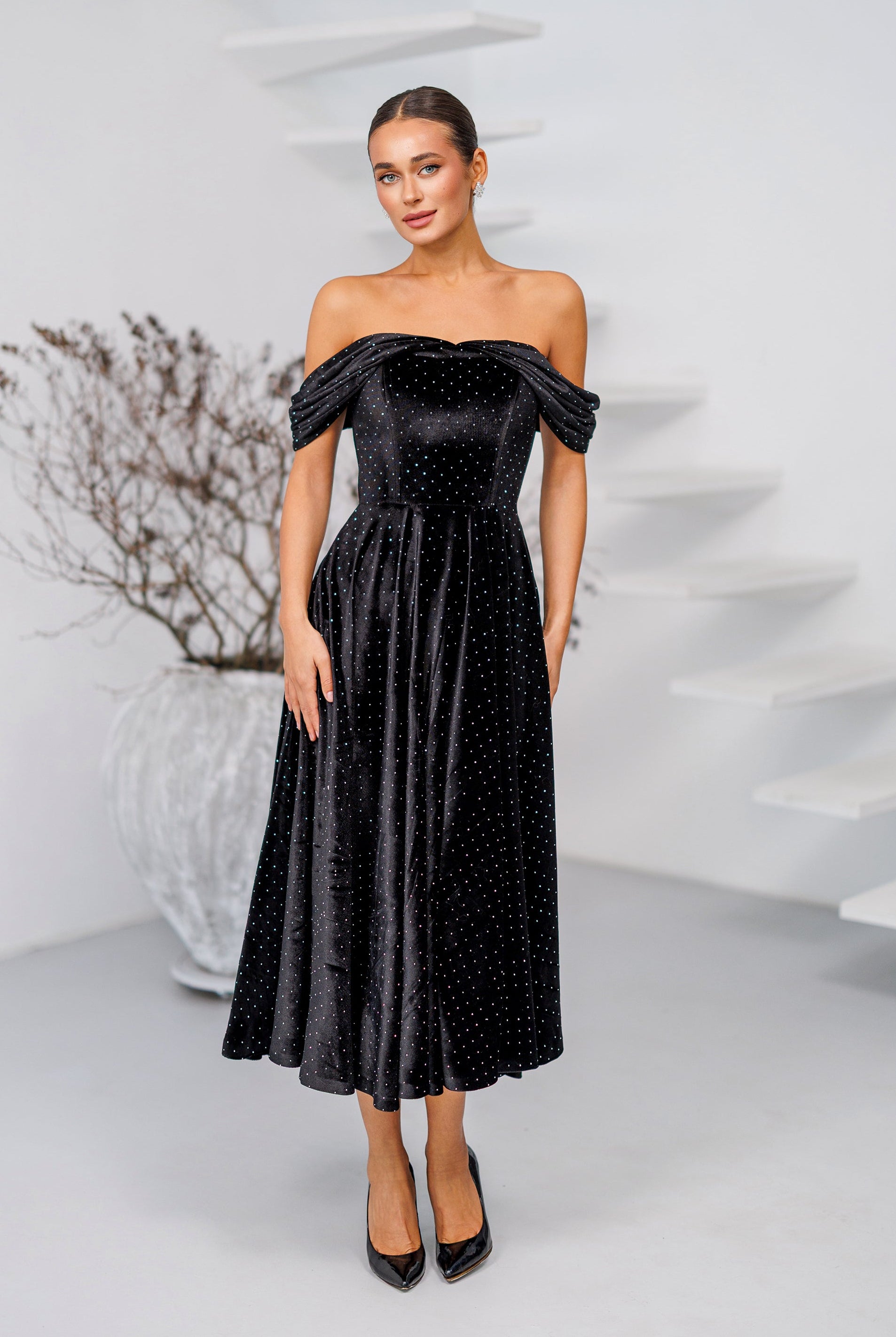 Nova Black Velvet Off-Shoulder Rhinestone Midi Dress - front view | ELAGIA