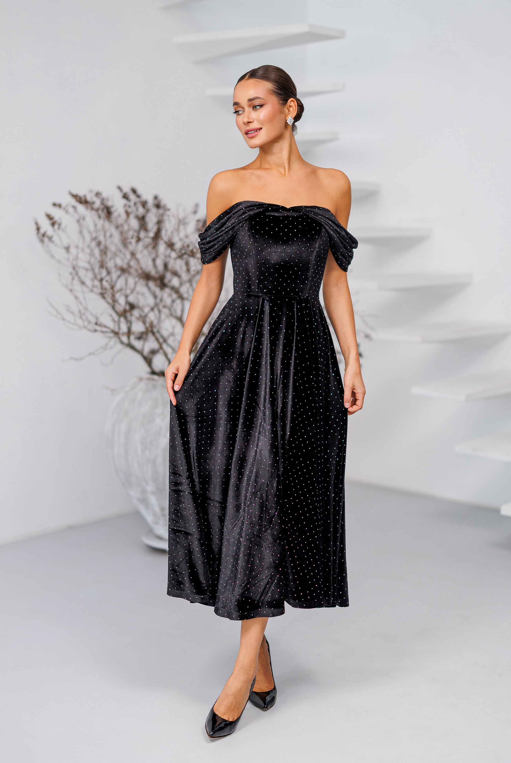 Nova Black Velvet Off-Shoulder Rhinestone Midi Dress - side view | ELAGIA