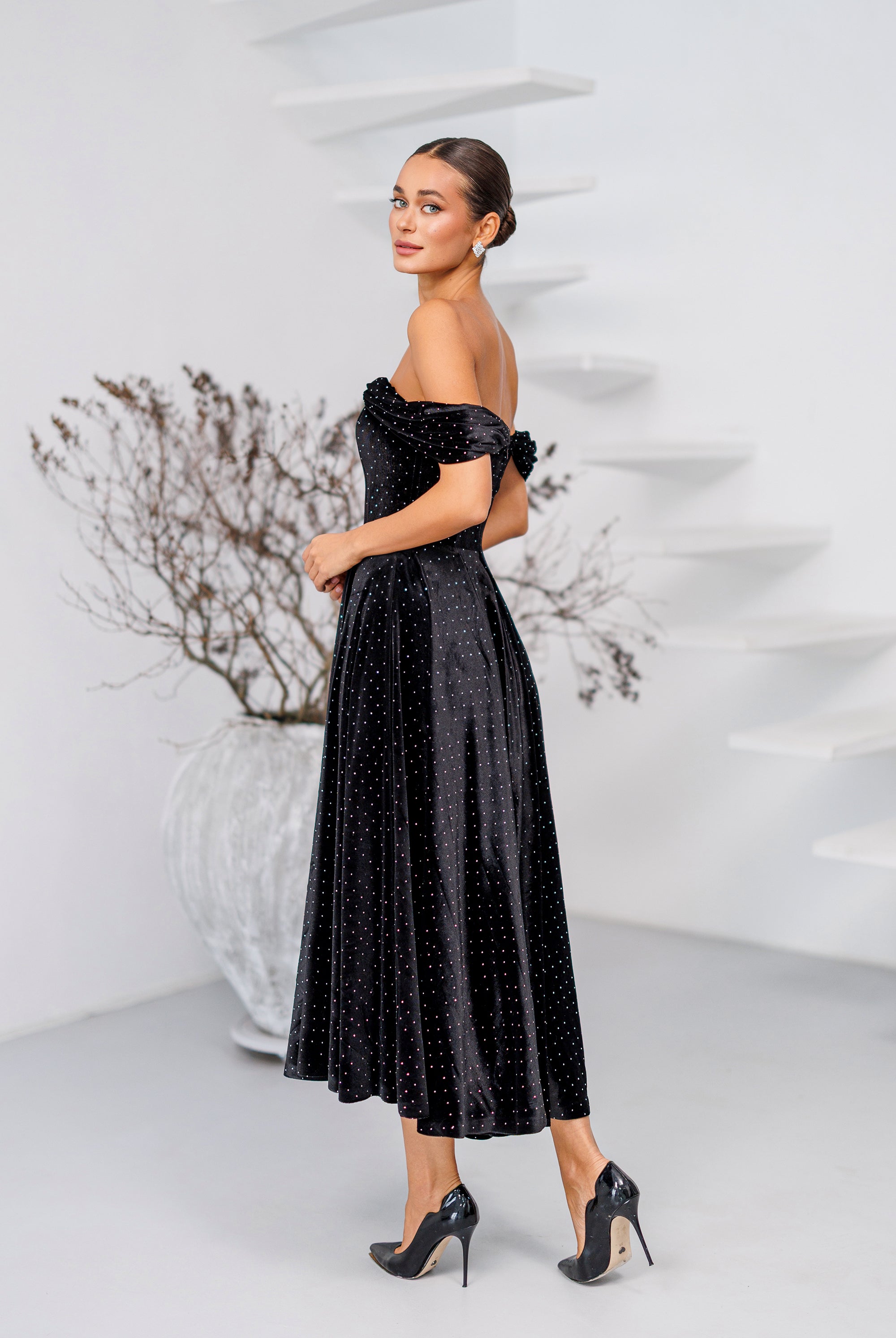 Nova Black Velvet Off-Shoulder Rhinestone Midi Dress - back view | ELAGIA