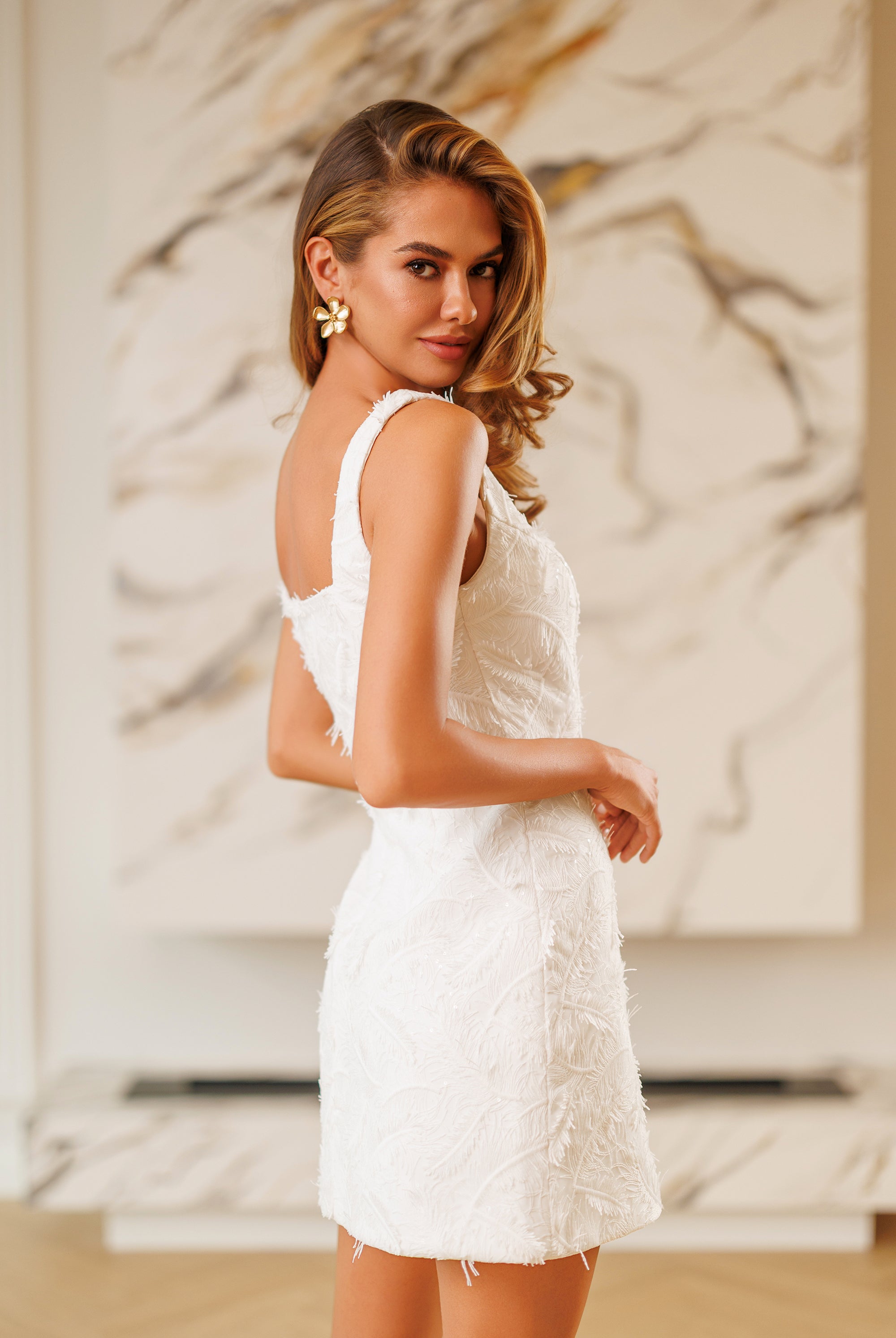 Liora White Square-Neck Feather Detail Mini Dress - styled look | ELAGIA