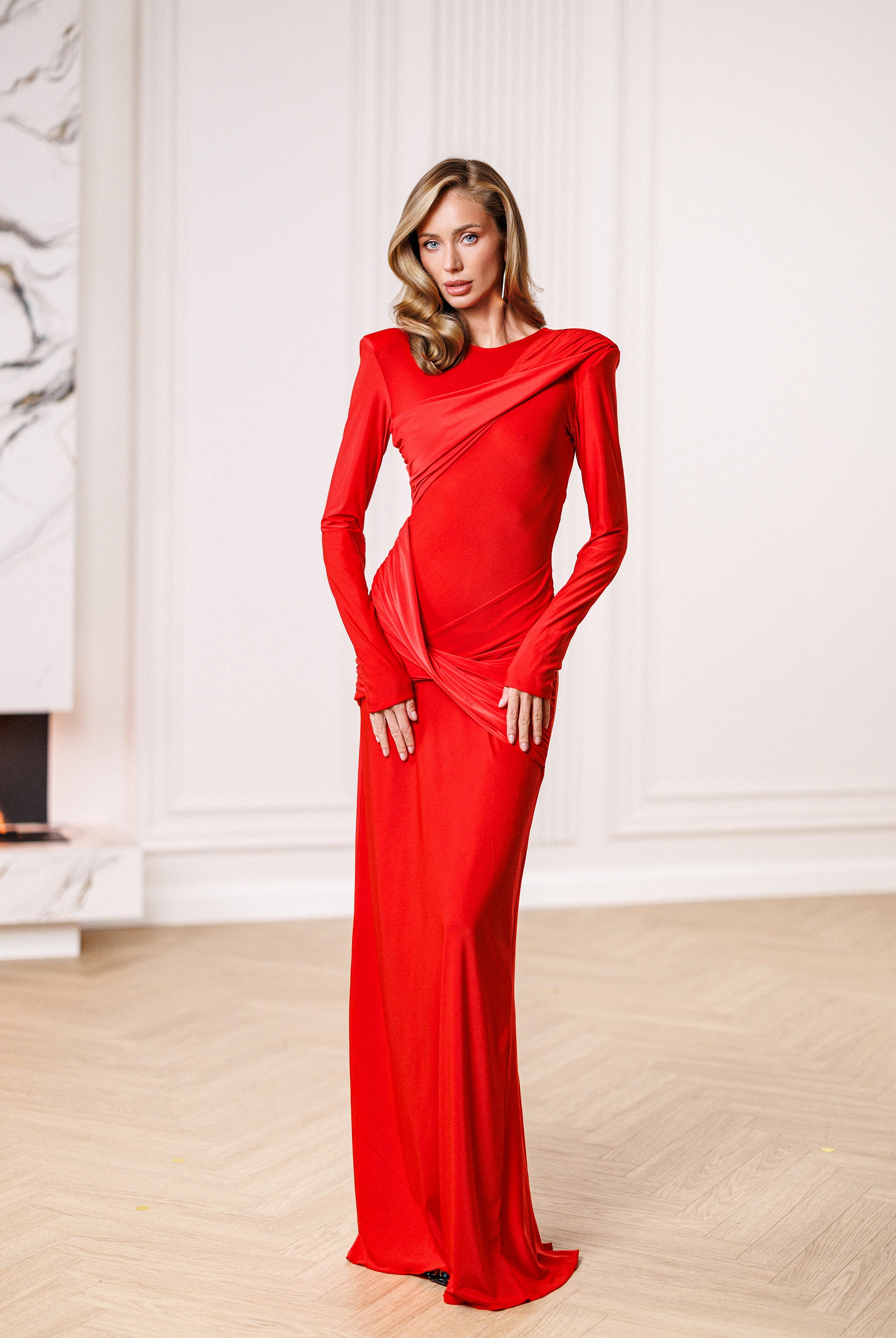 Éva Red Asymmetric Draped Open-Back Maxi Dress - front view | ELAGIA