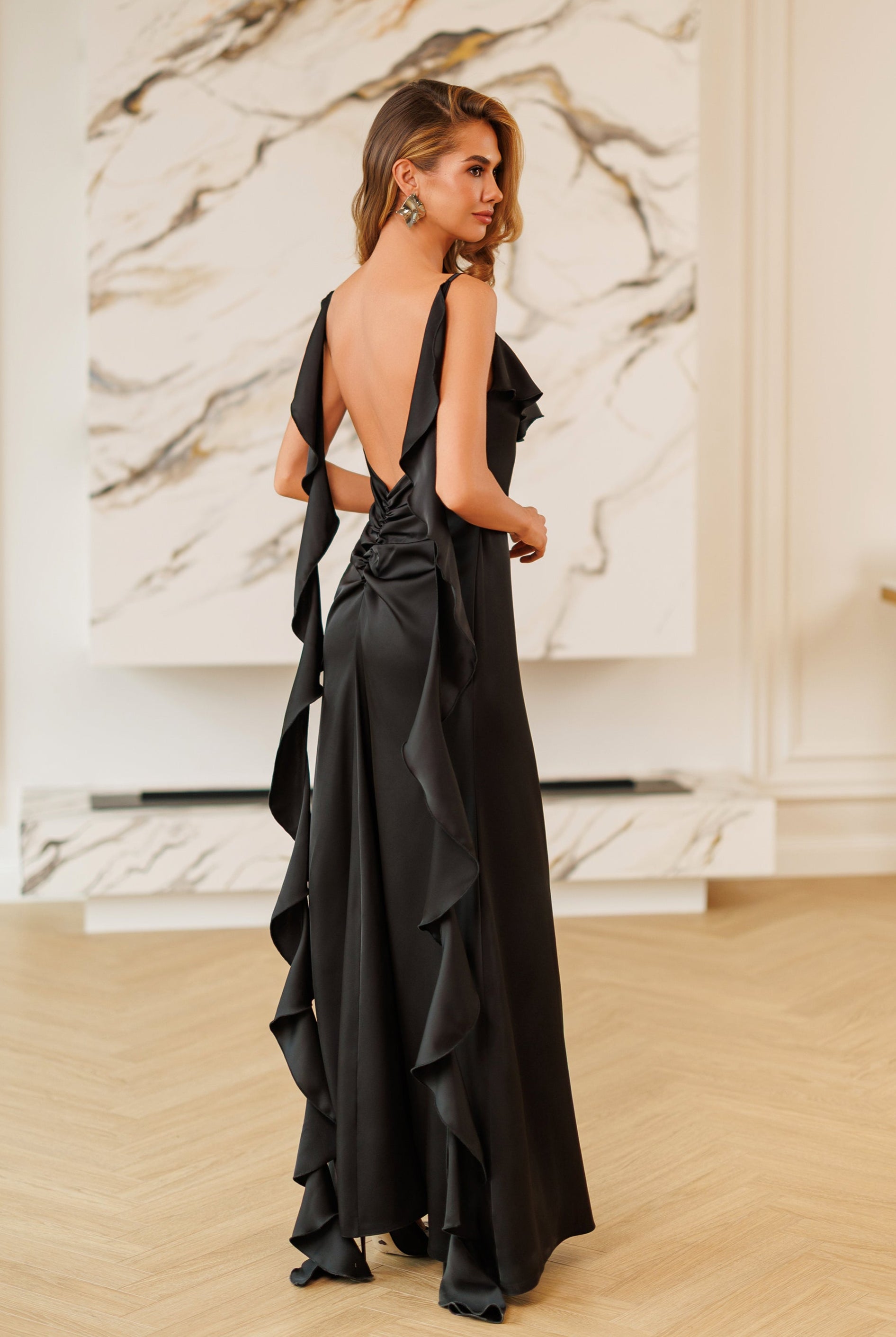 Elara Black Ruffle-Trim Open-Back Satin Maxi Dress - front view | ELAGIA