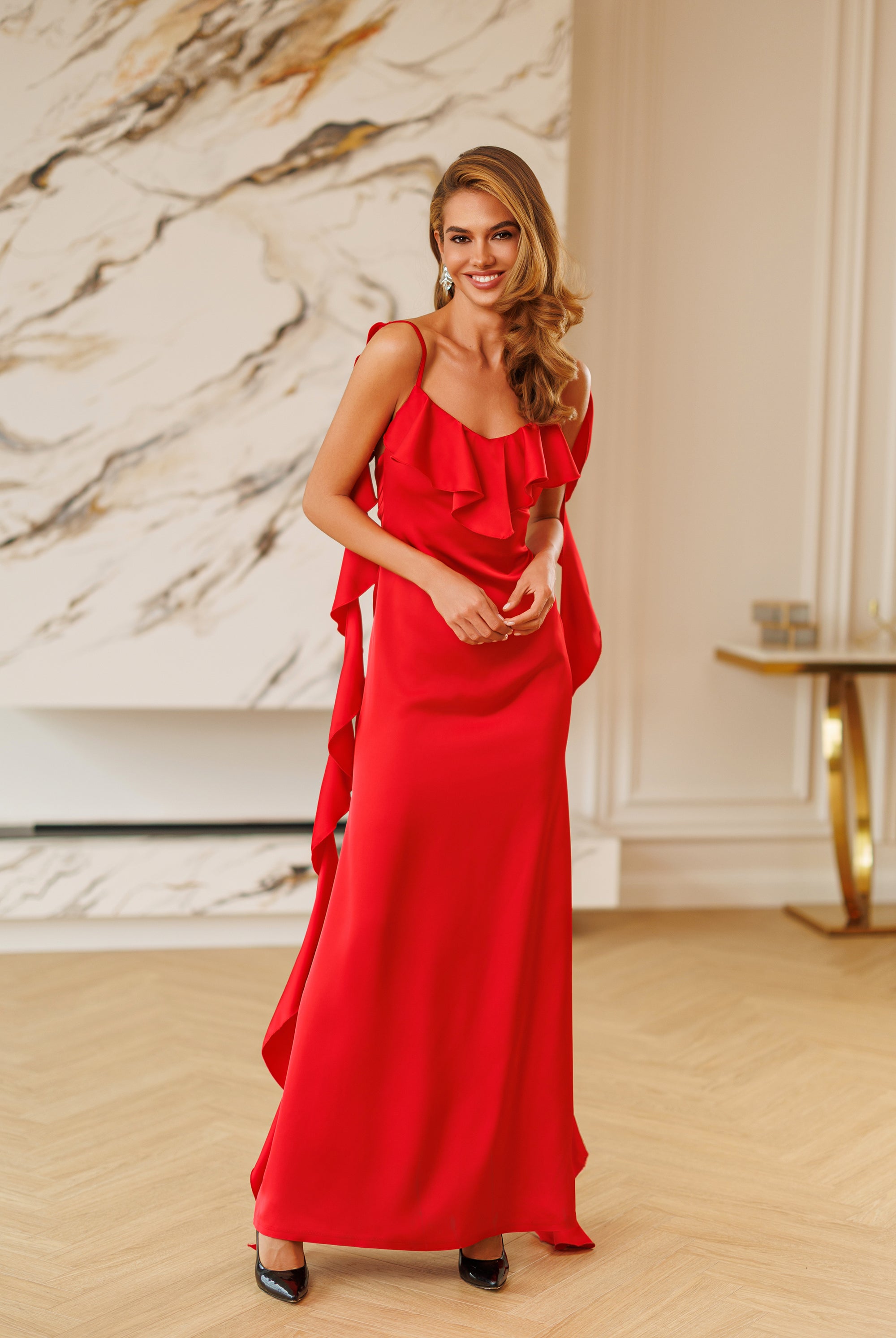 Elara Red Ruffle-Trim Open-Back Satin Maxi Dress - back view | ELAGIA