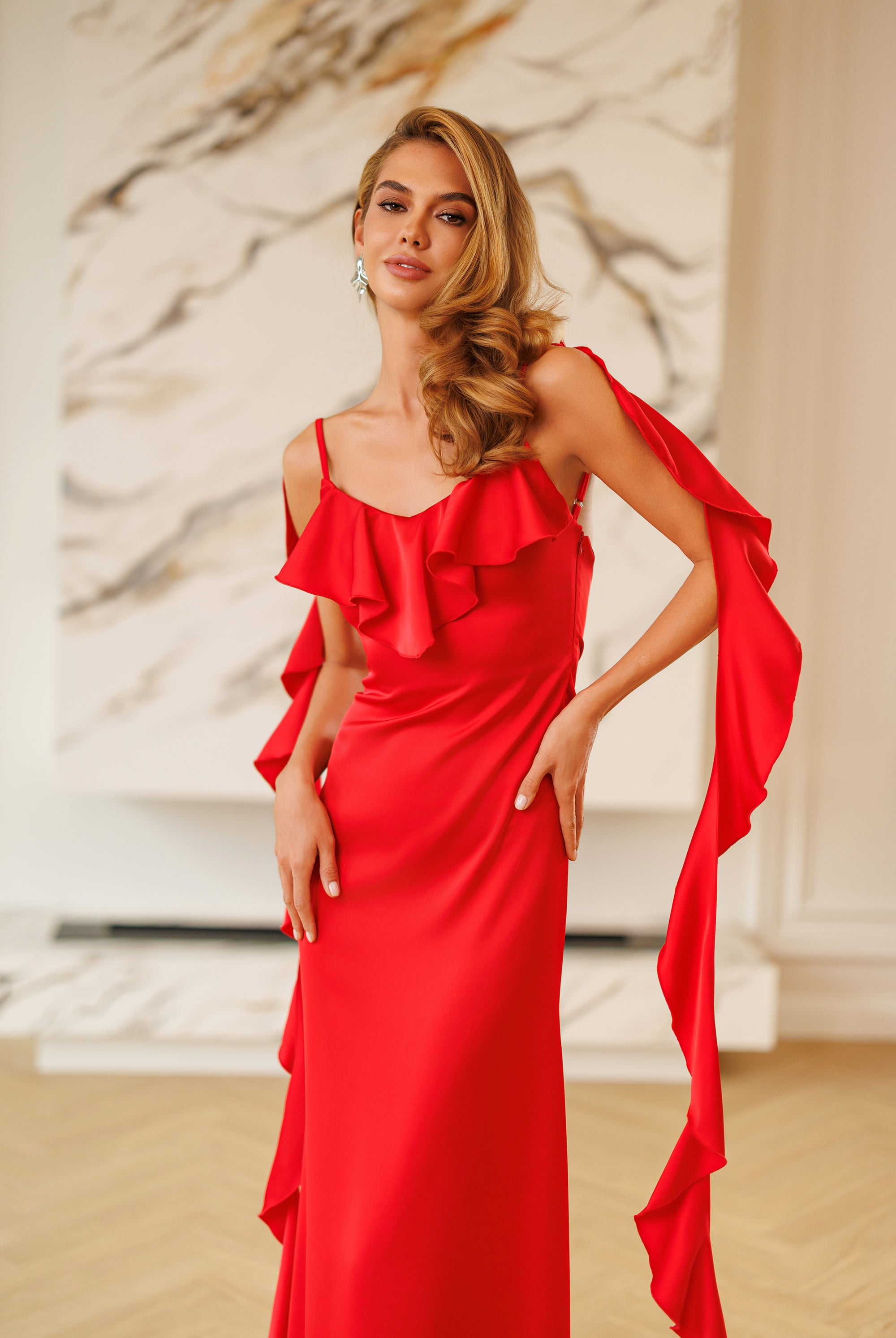 Elara Red Ruffle-Trim Open-Back Satin Maxi Dress - close-up detail | ELAGIA