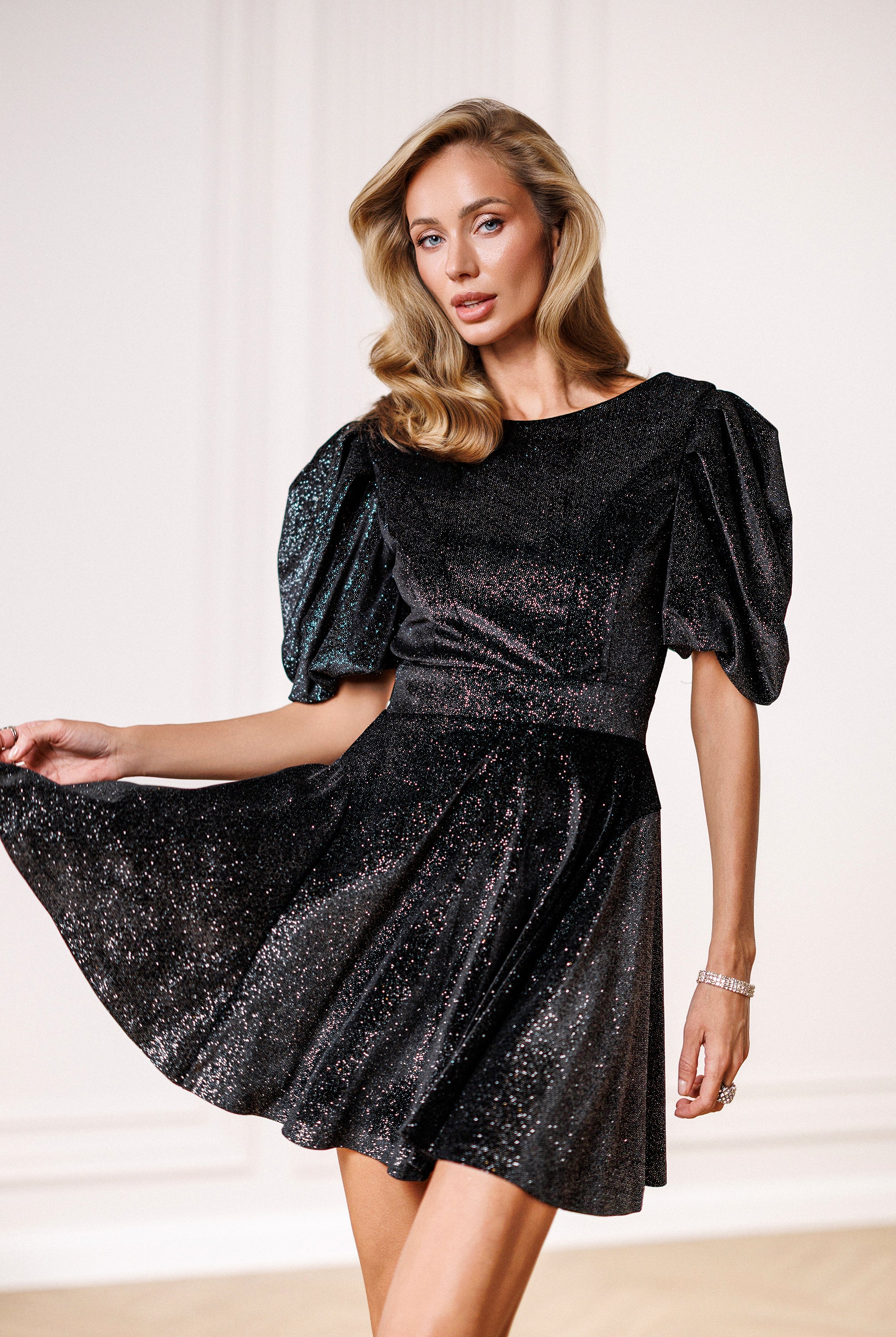 Selene Black Shimmer Puff-Sleeve Open-Back Mini Dress - back view | ELAGIA