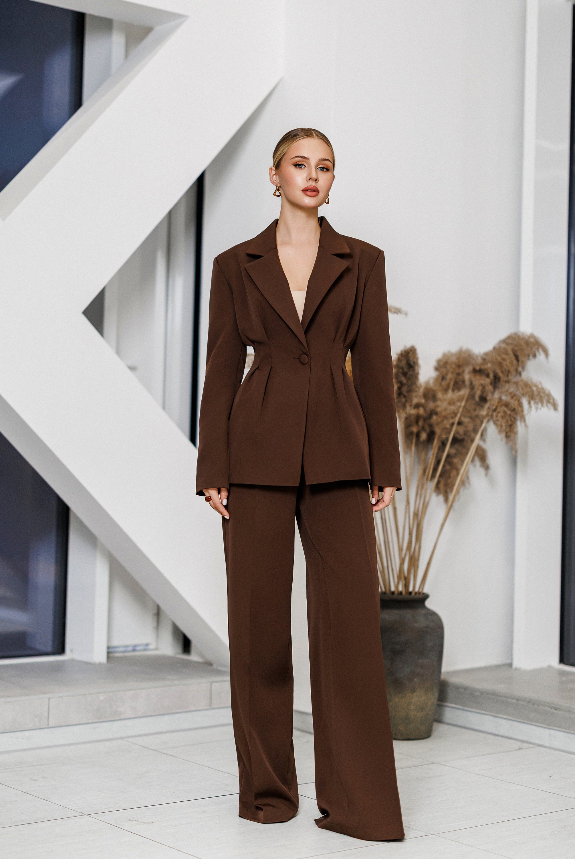 Kaia Brown Single-Breasted Pleated-Waist Suit 2-Piece - styled look | ELAGIA
