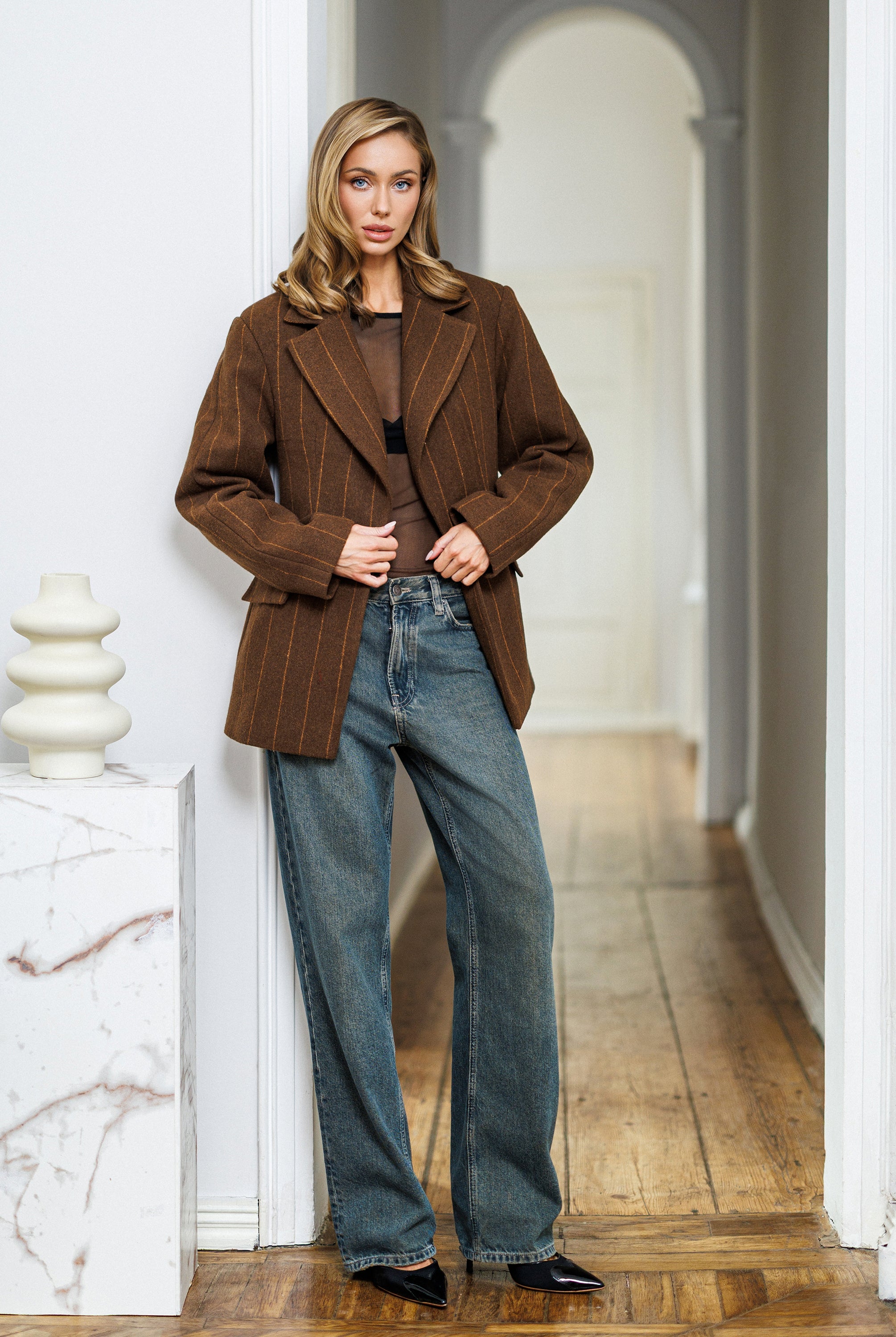 Gloria Brown Striped Wool Single-Breasted Blazer - back view | ELAGIA