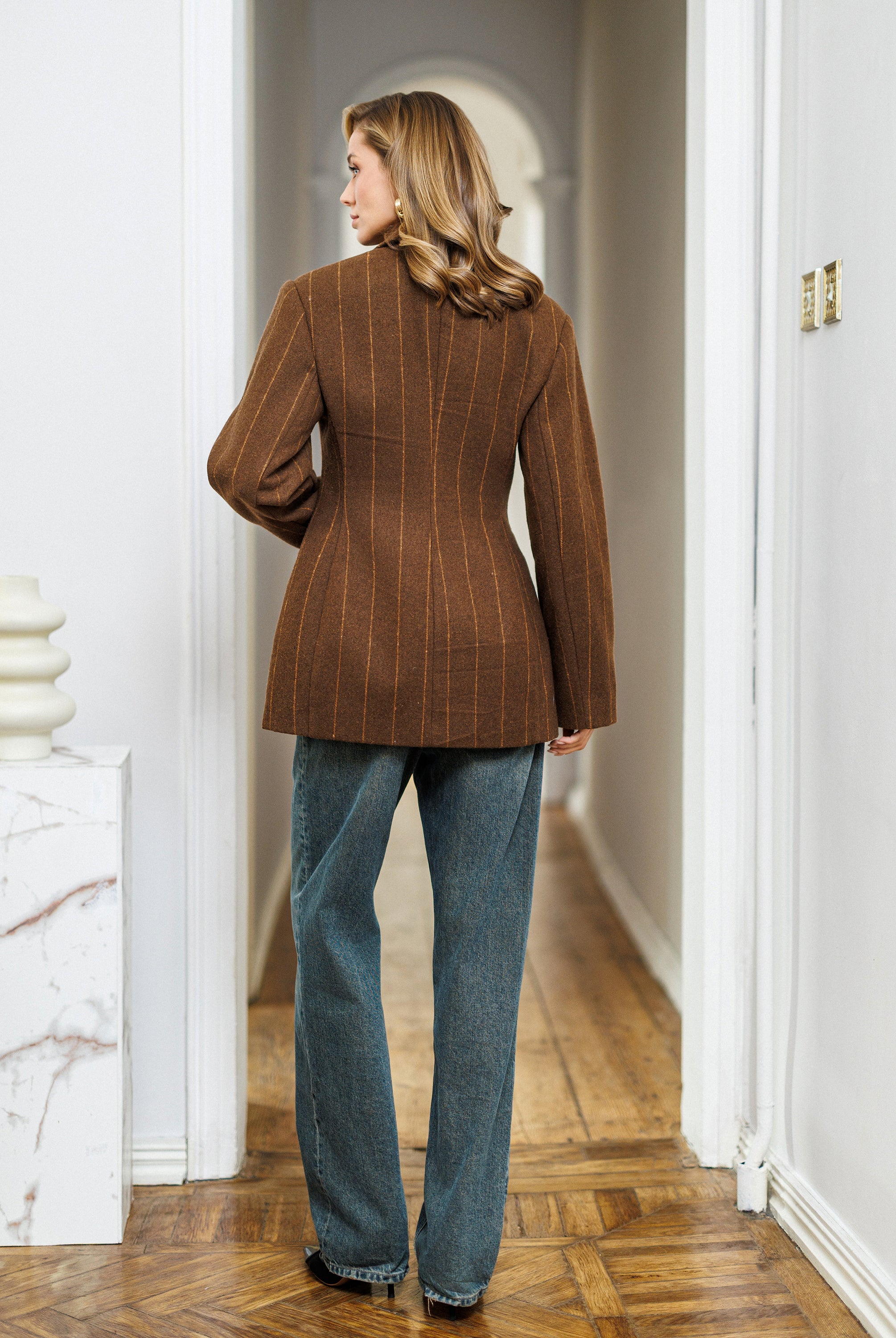 Gloria Brown Striped Wool Single-Breasted Blazer - side view | ELAGIA