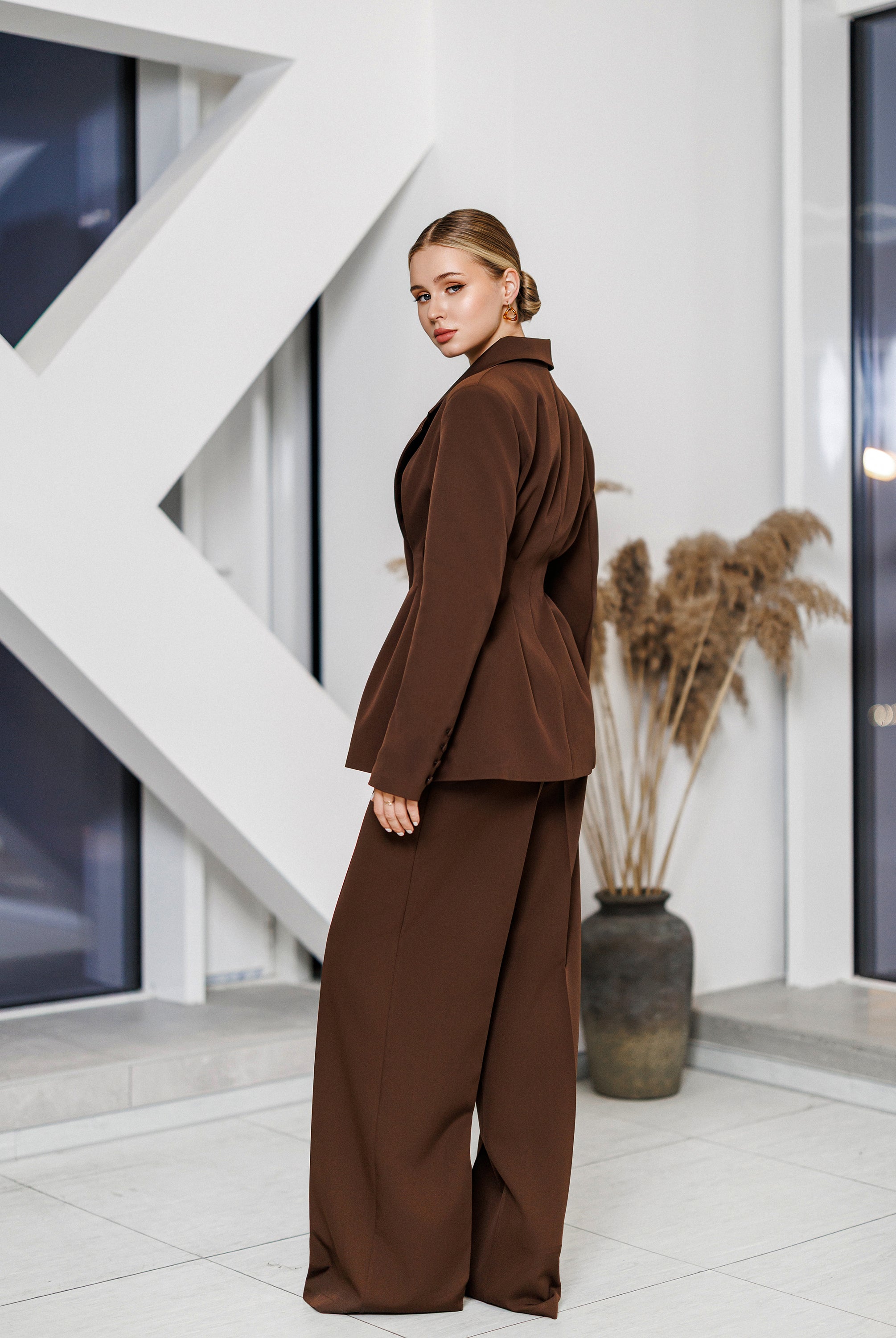 Kaia Brown Single-Breasted Pleated-Waist Suit 2-Piece - view 6 | ELAGIA