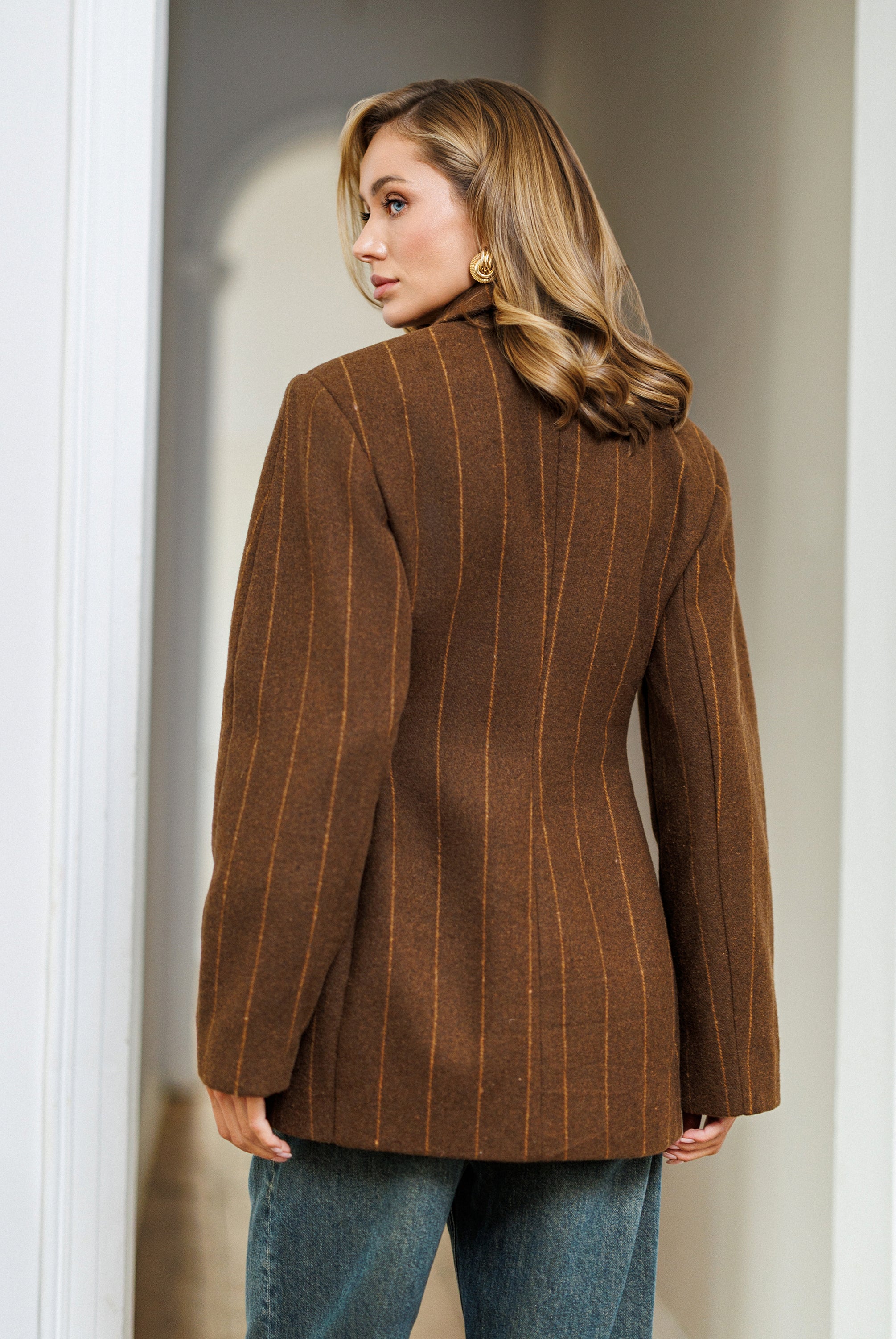 Gloria Brown Striped Wool Single-Breasted Blazer - view 6 | ELAGIA