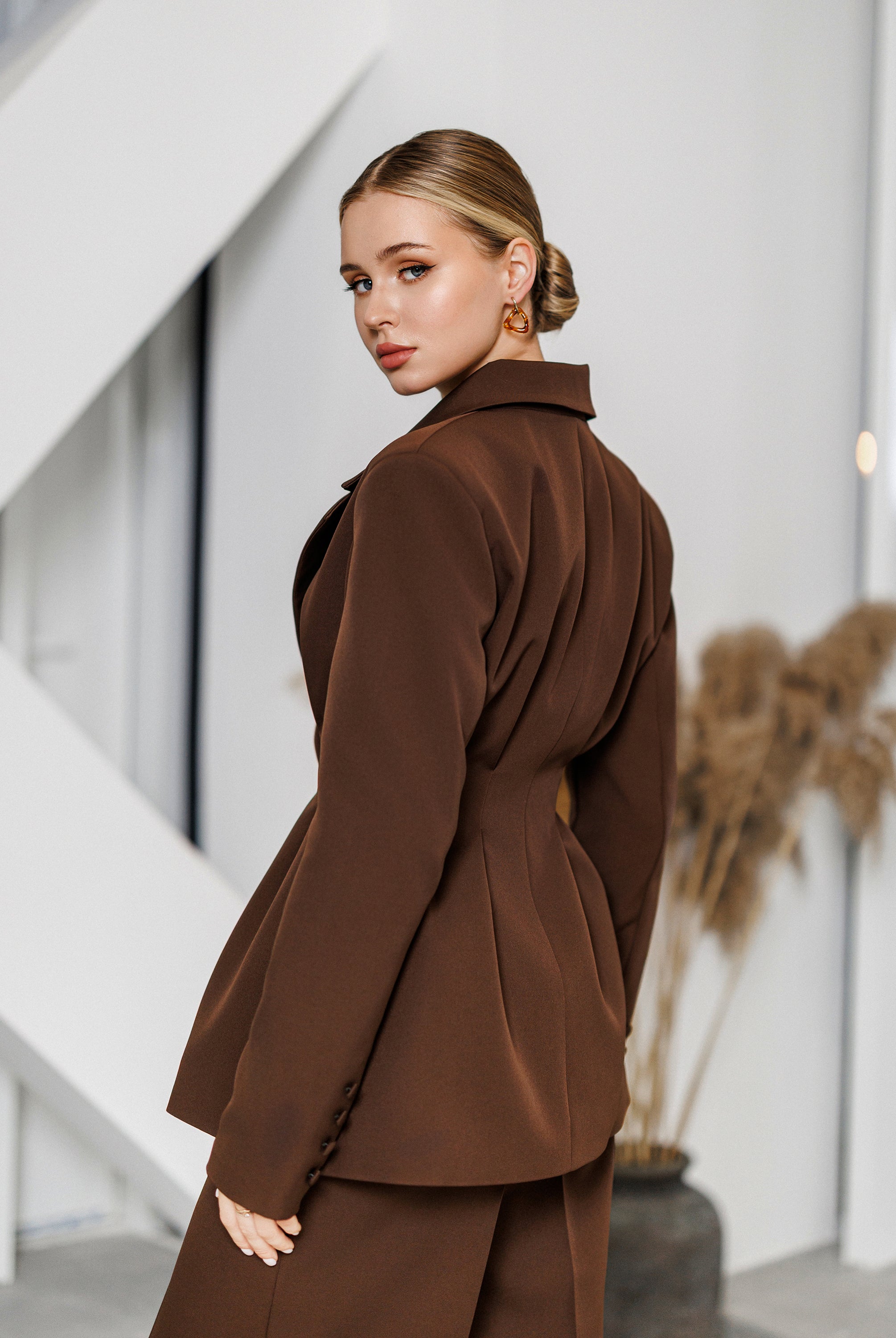 Kaia Brown Single-Breasted Pleated-Waist Suit 2-Piece - view 8 | ELAGIA