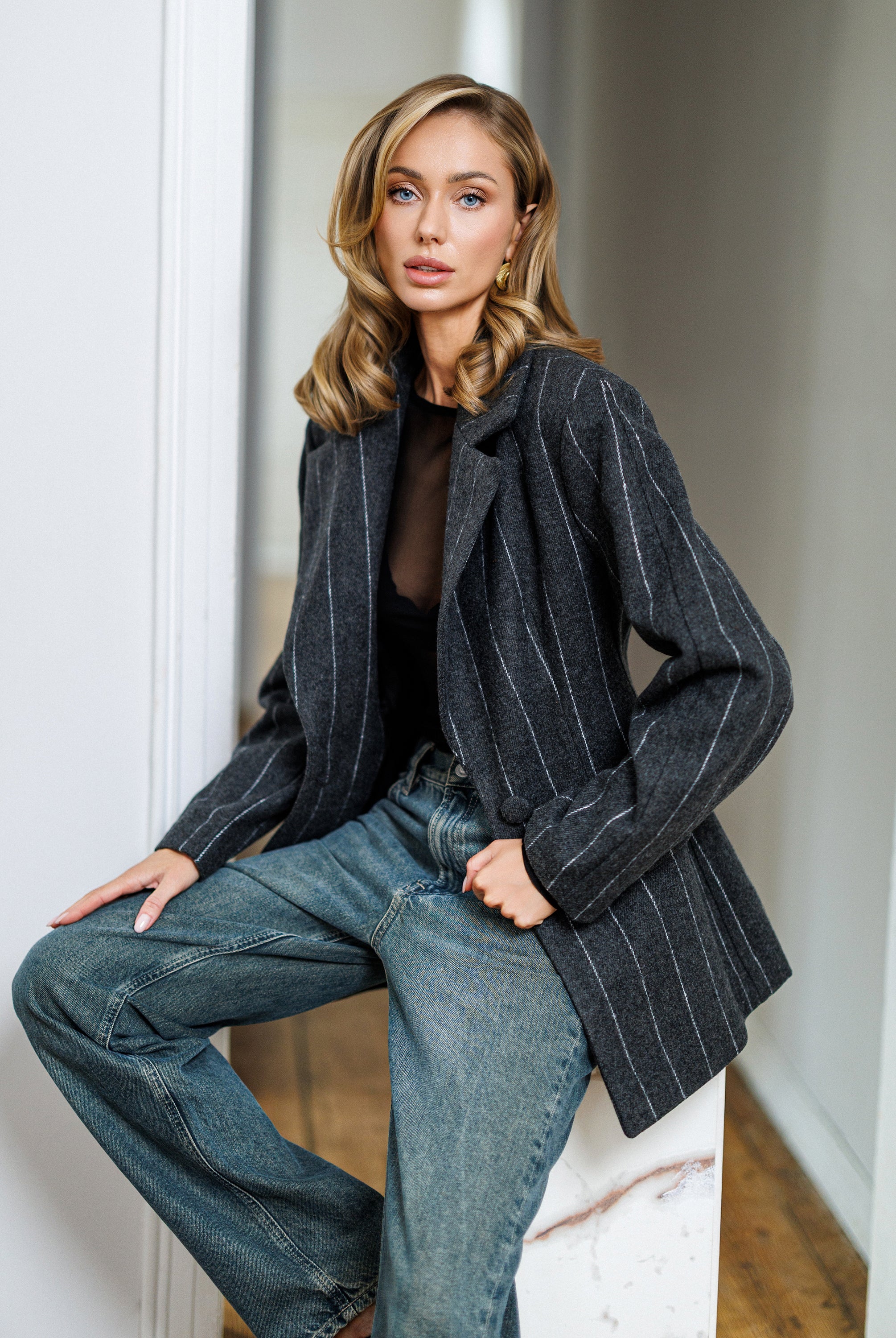 Gloria Grey Striped Wool Single-Breasted Blazer - side view | ELAGIA