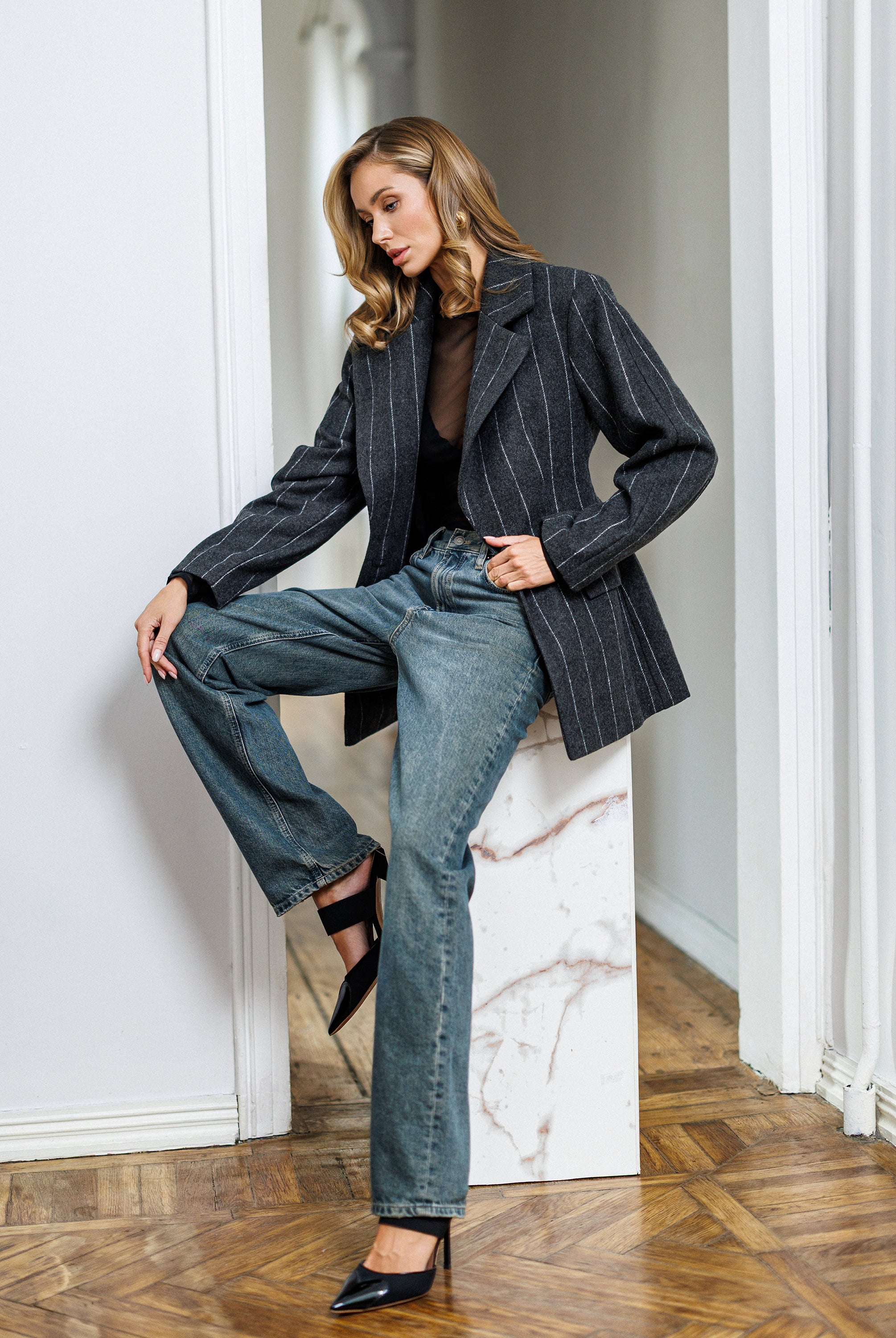 Gloria Grey Striped Wool Single-Breasted Blazer - front view | ELAGIA