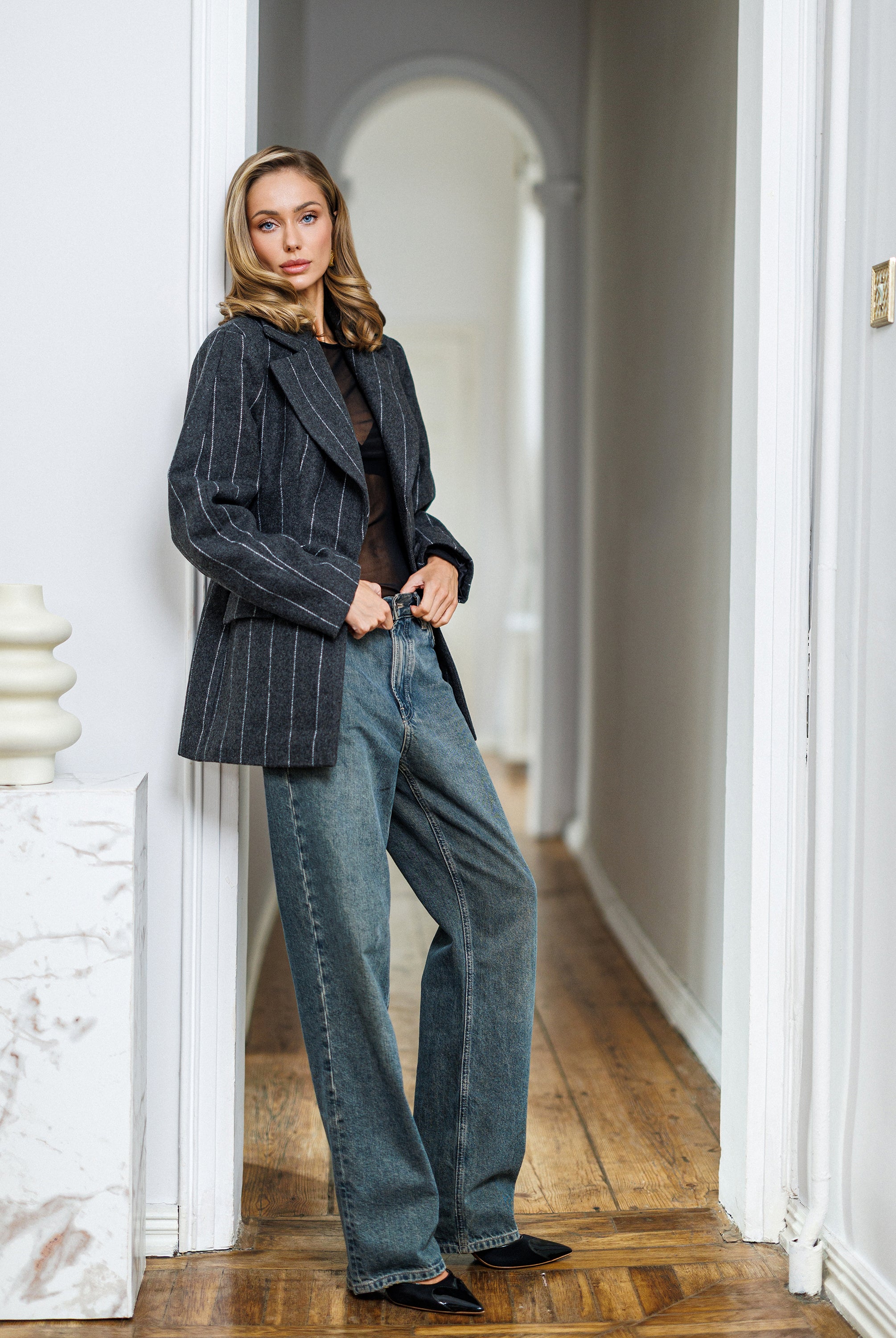 Gloria Grey Striped Wool Single-Breasted Blazer - back view | ELAGIA