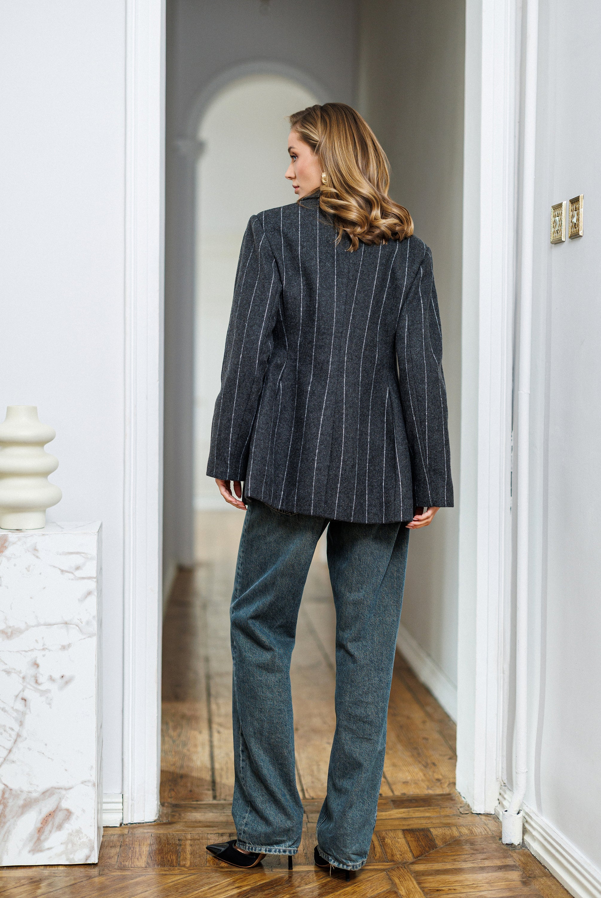 Gloria Grey Striped Wool Single-Breasted Blazer - close-up detail | ELAGIA