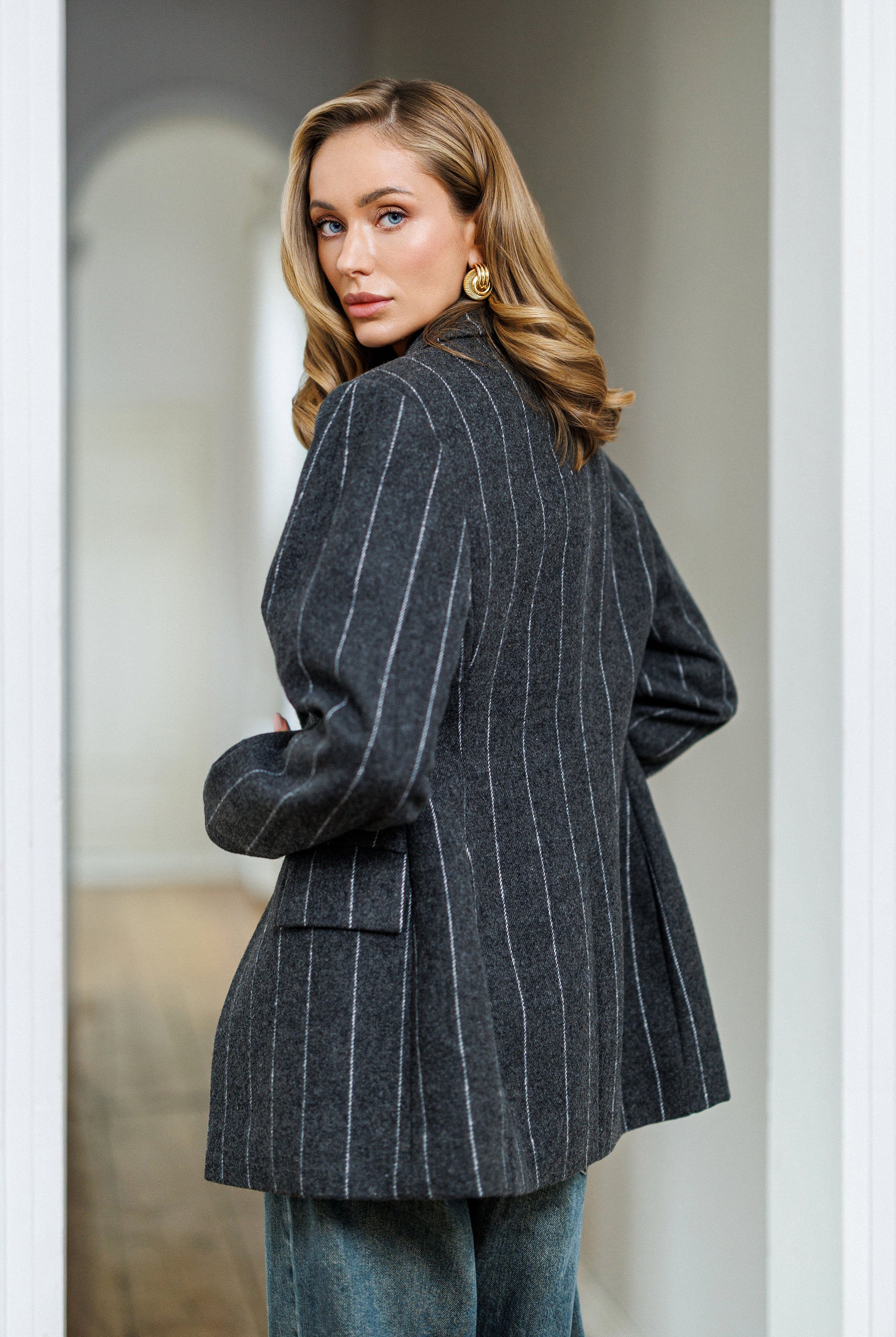 Gloria Grey Striped Wool Single-Breasted Blazer - view 6 | ELAGIA