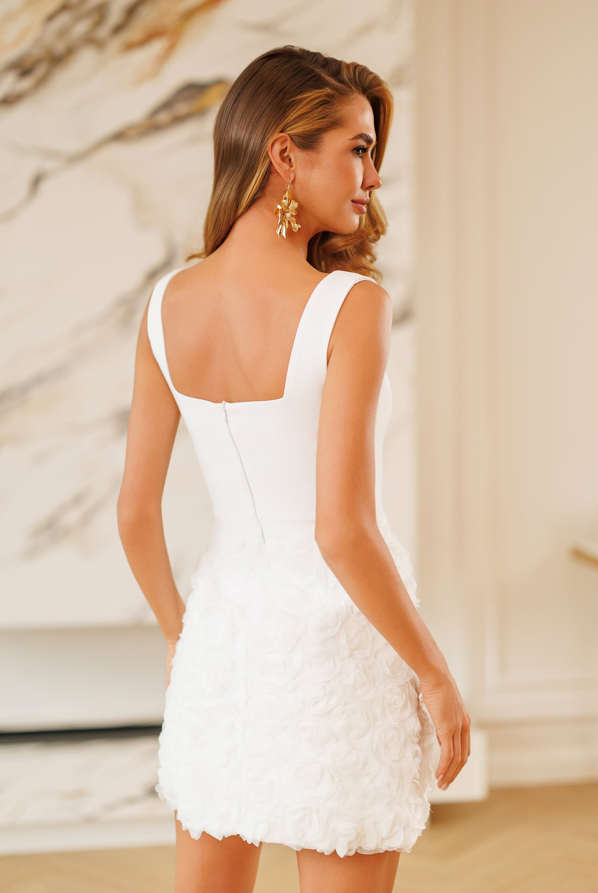 Sienna White Square-Neck Rosette Mini Dress - view 6 | ELAGIA