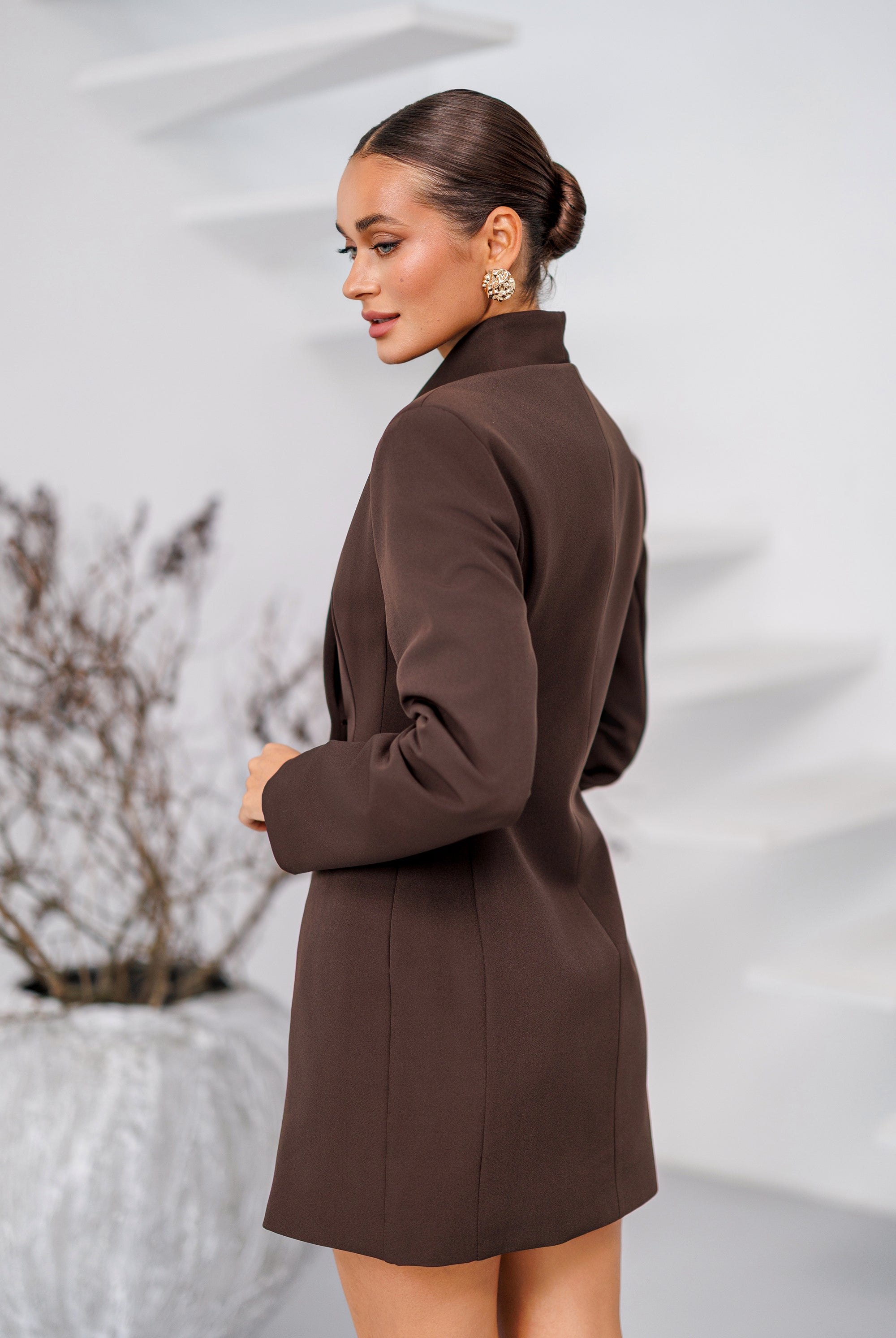Monte Brown Collarless Double-Breasted Blazer Dress - styled look | ELAGIA