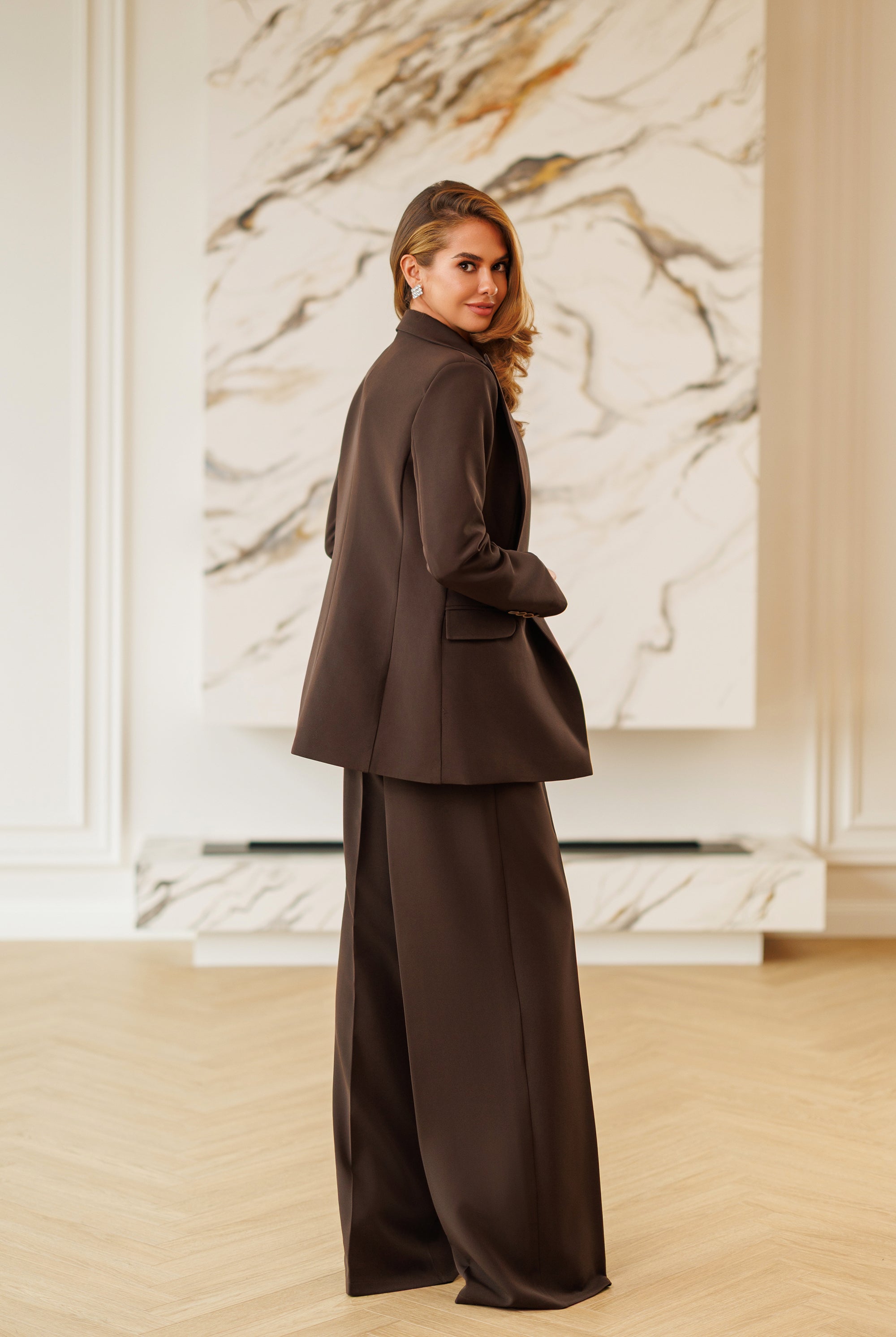 Selene Brown Single-Breasted Relaxed-Fit Suit 2-Piece - side view | ELAGIA