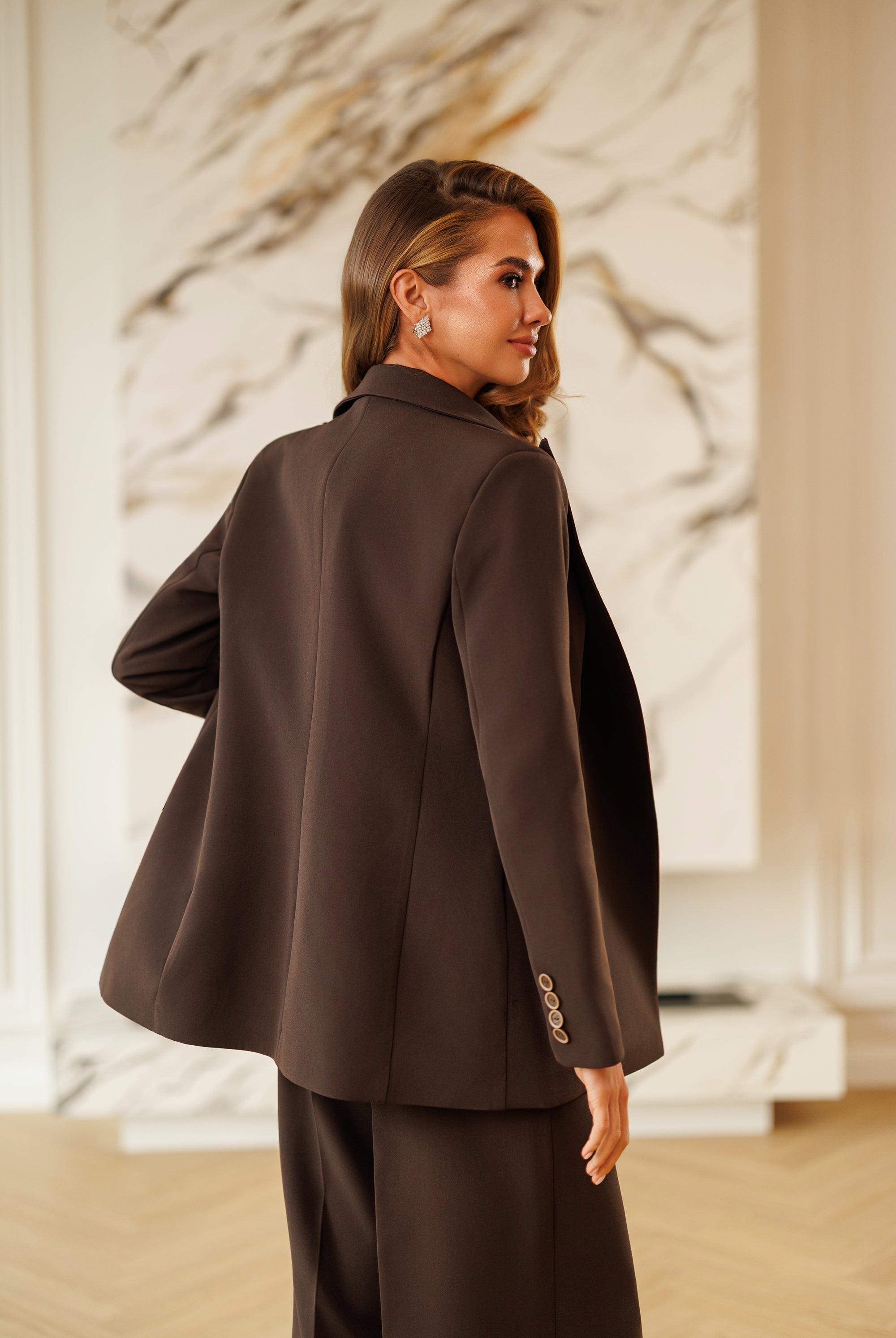Selene Brown Single-Breasted Relaxed-Fit Suit 2-Piece - styled look | ELAGIA