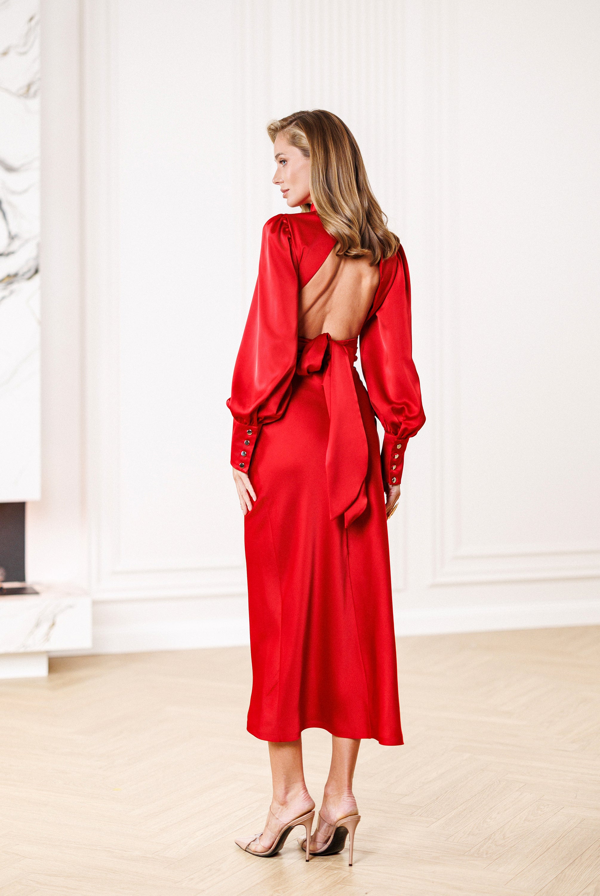 Red Turtleneck Puff-Sleeve Midi Dress - side view | ELAGIA