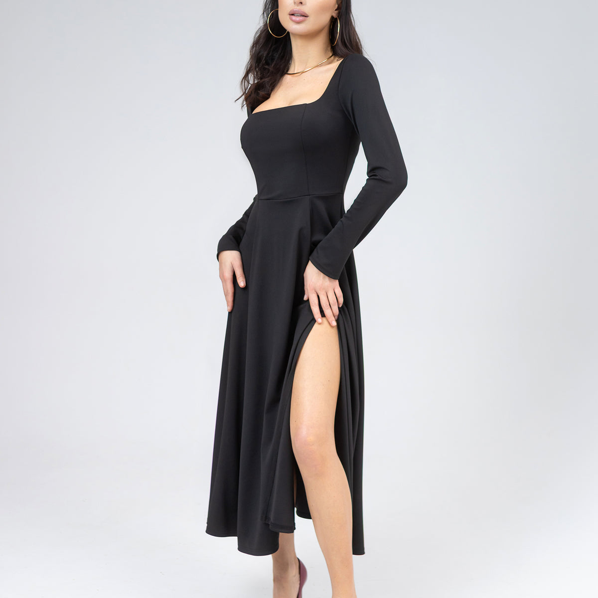 Black Square Neck High Slit Midi Dress | ELAGIA Black Square Neck High Slit Midi Dress | ELAGIA