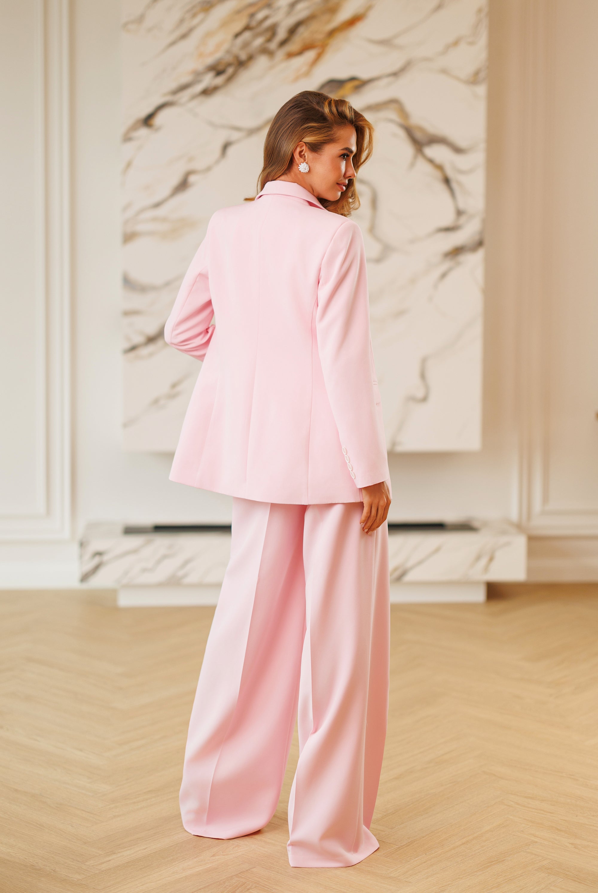 Selene Pink Single-Breasted Relaxed-Fit Suit 2-Piece - side view | ELAGIA