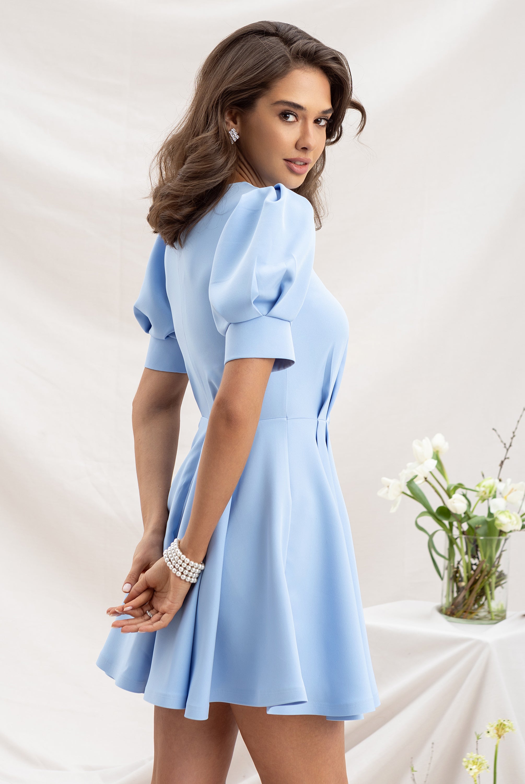 Sky-Blue Buttoned Puff-Sleeve Mini Dress - side view | ELAGIA