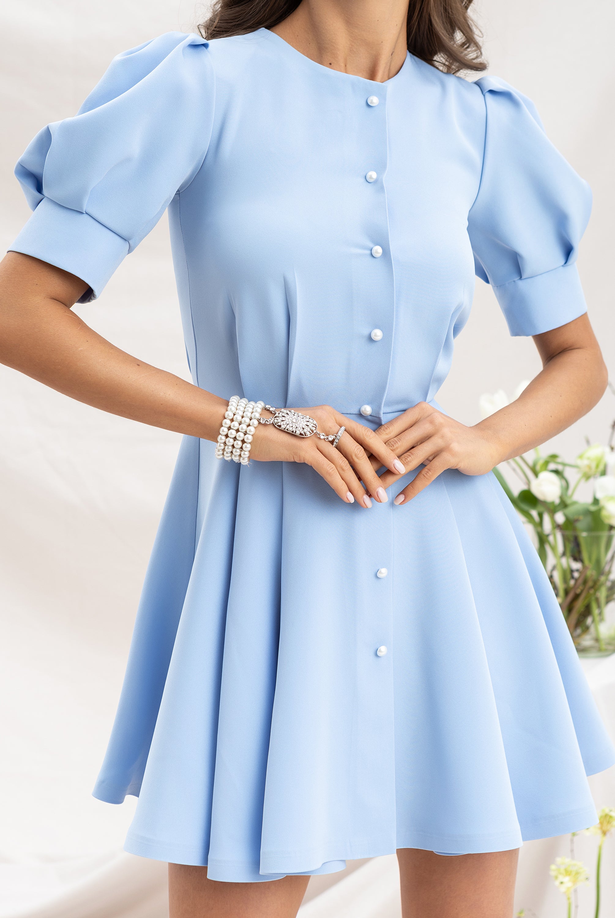 Sky-Blue Buttoned Puff-Sleeve Mini Dress - styled look | ELAGIA