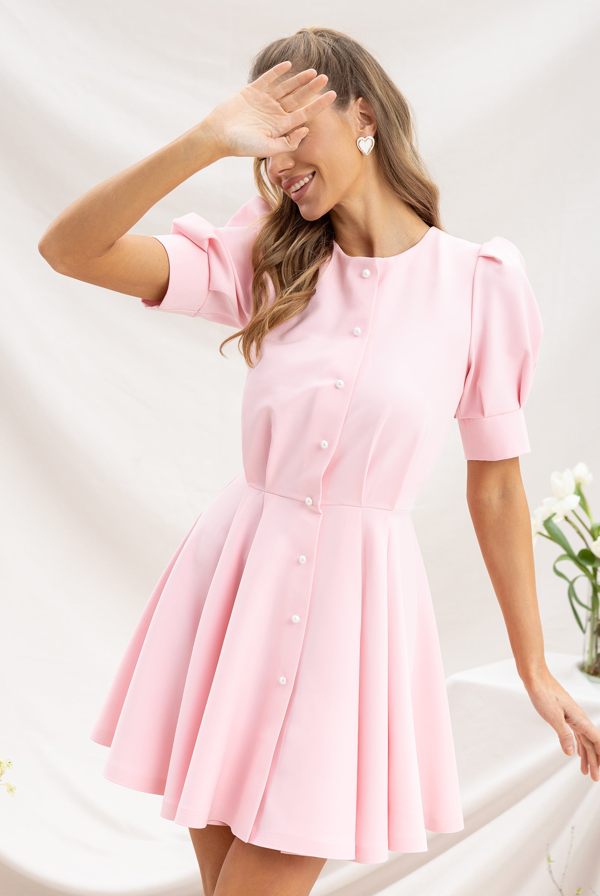 Pink Buttoned Puff-Sleeve Mini Dress - back view | ELAGIA