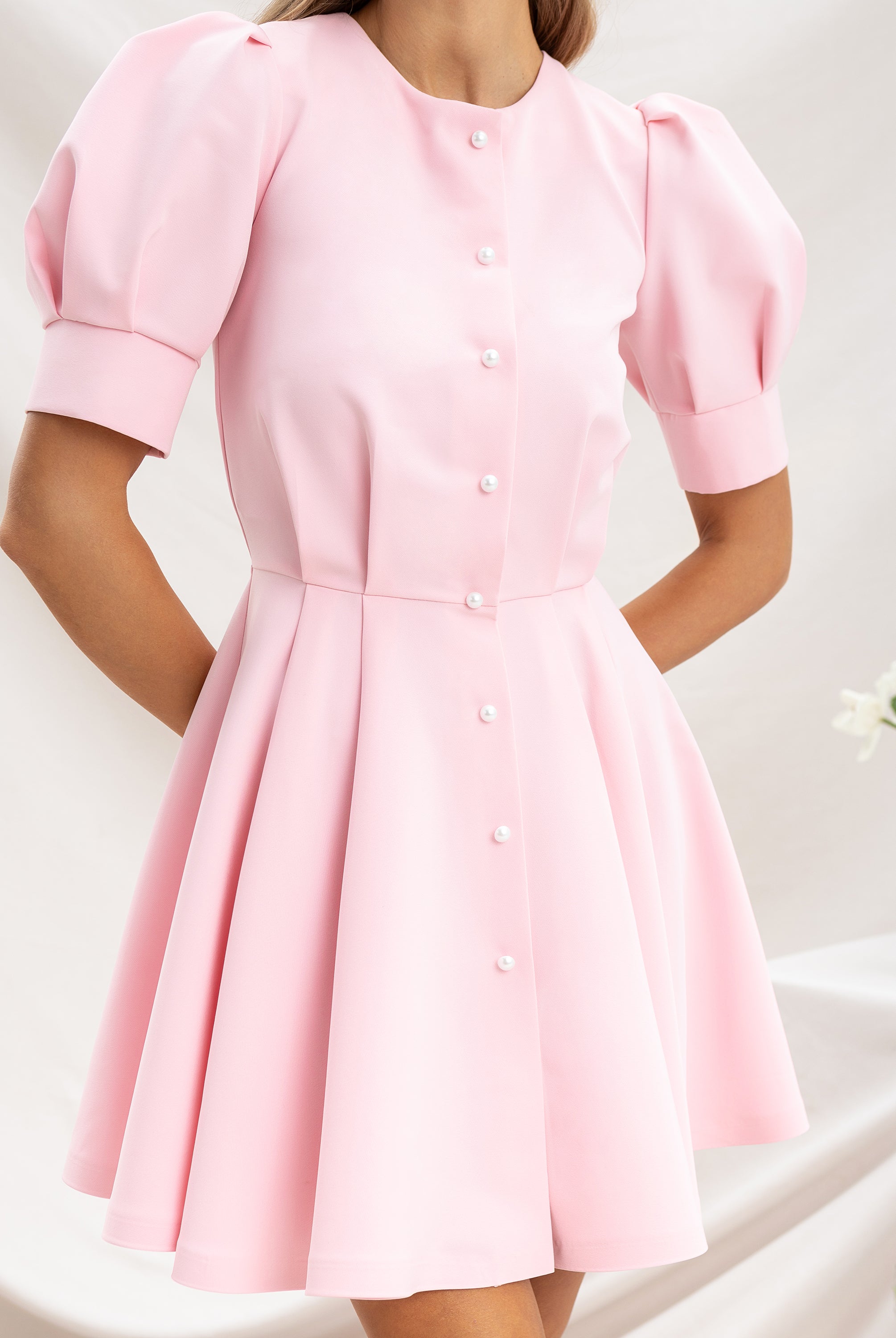 Pink Buttoned Puff-Sleeve Mini Dress - close-up detail | ELAGIA