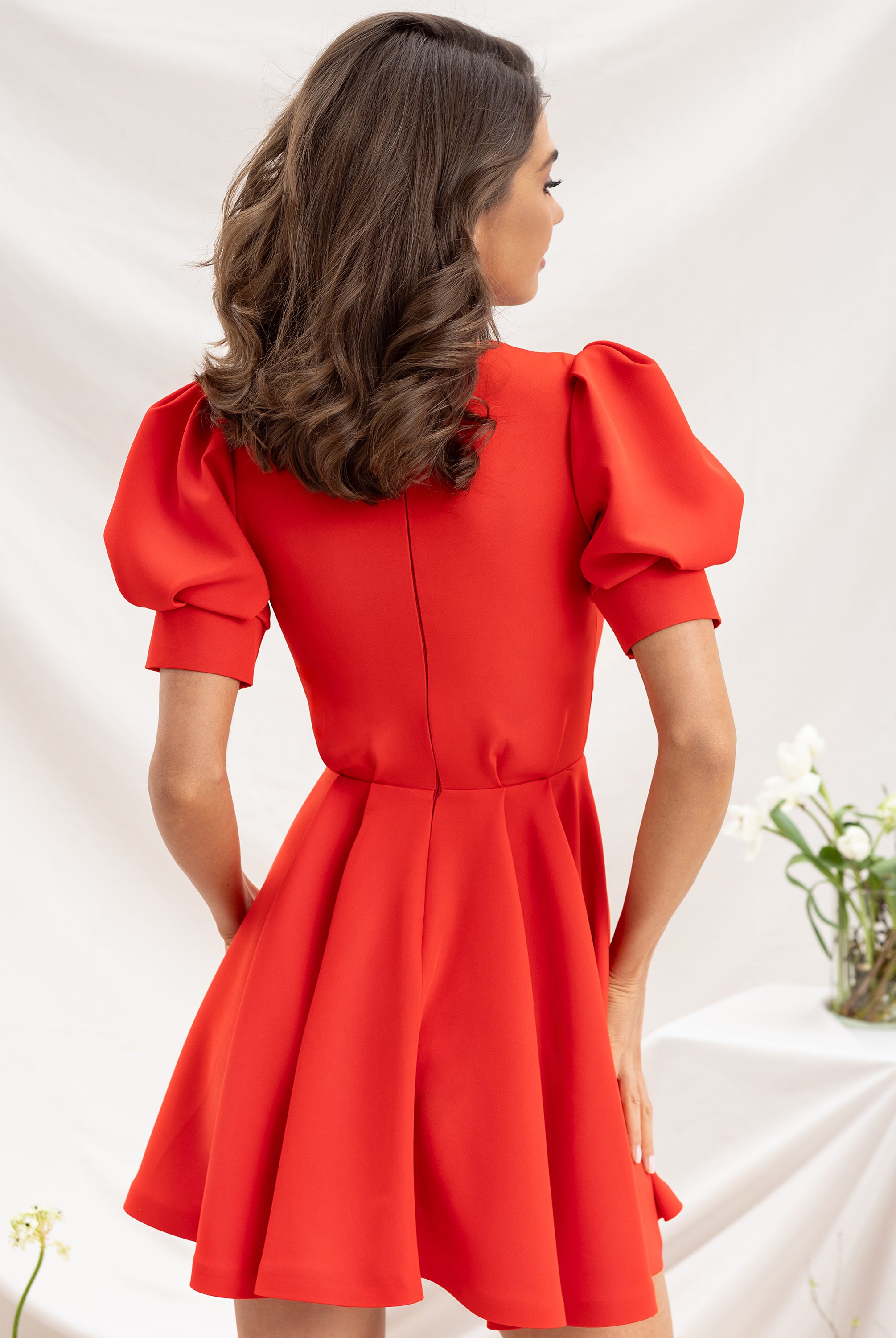 Red Buttoned Puff-Sleeve Mini Dress - back view | ELAGIA