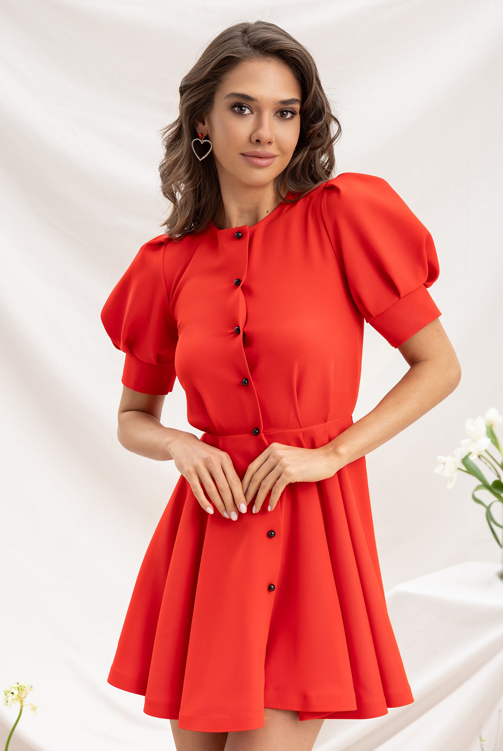 Red Buttoned Puff-Sleeve Mini Dress - styled look | ELAGIA
