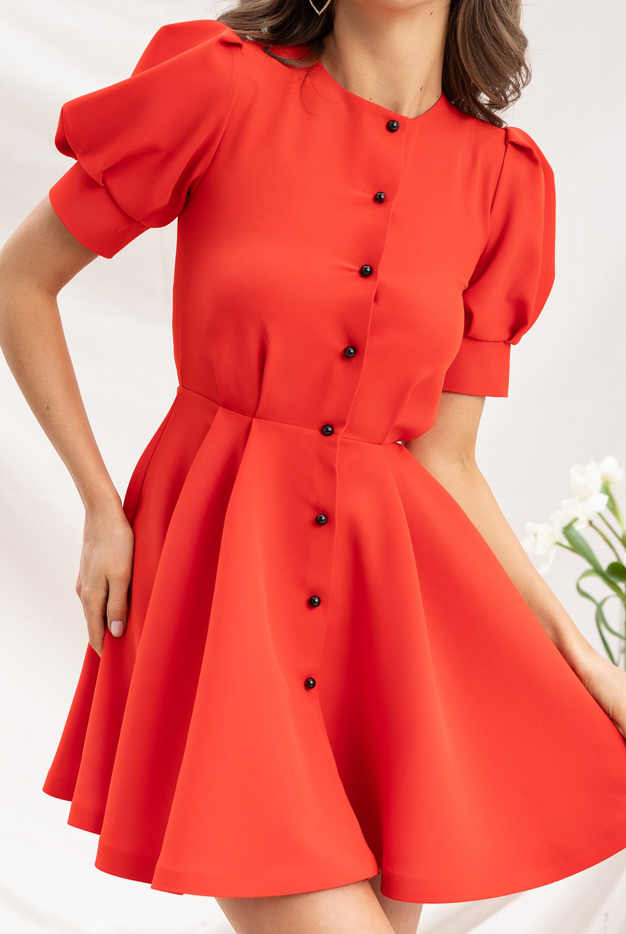 Red Buttoned Puff-Sleeve Mini Dress - close-up detail | ELAGIA