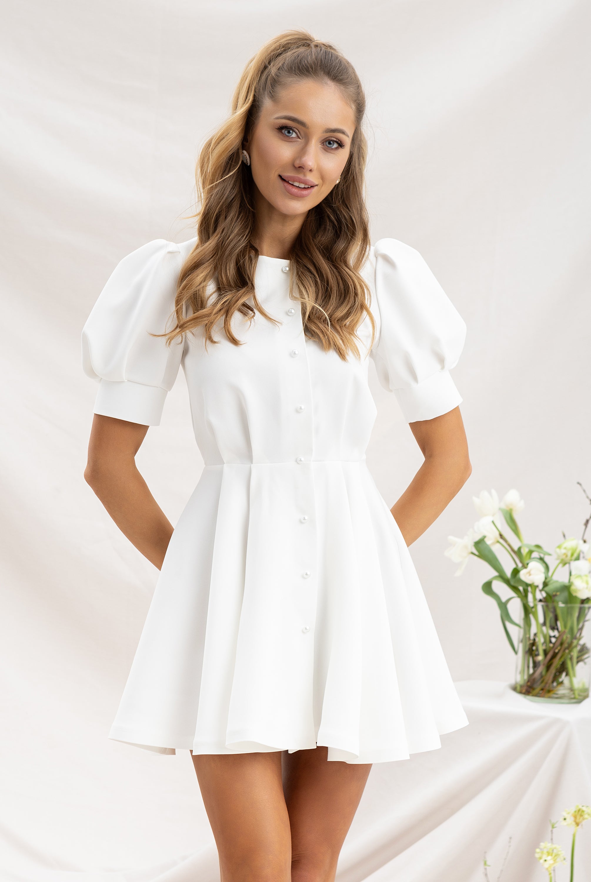 White Buttoned Puff-Sleeve Mini Dress - styled look | ELAGIA