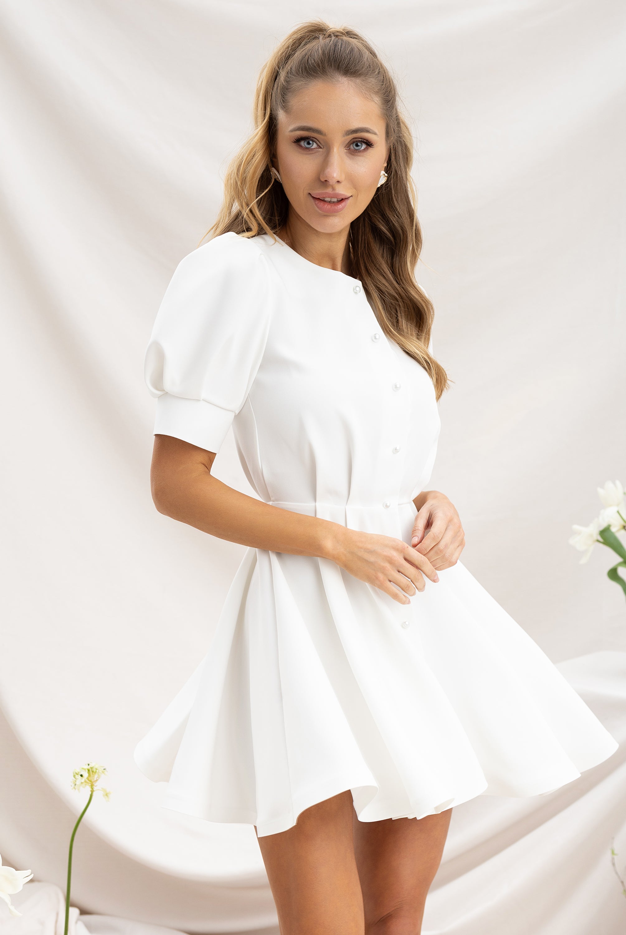 White Buttoned Puff-Sleeve Mini Dress - close-up detail | ELAGIA