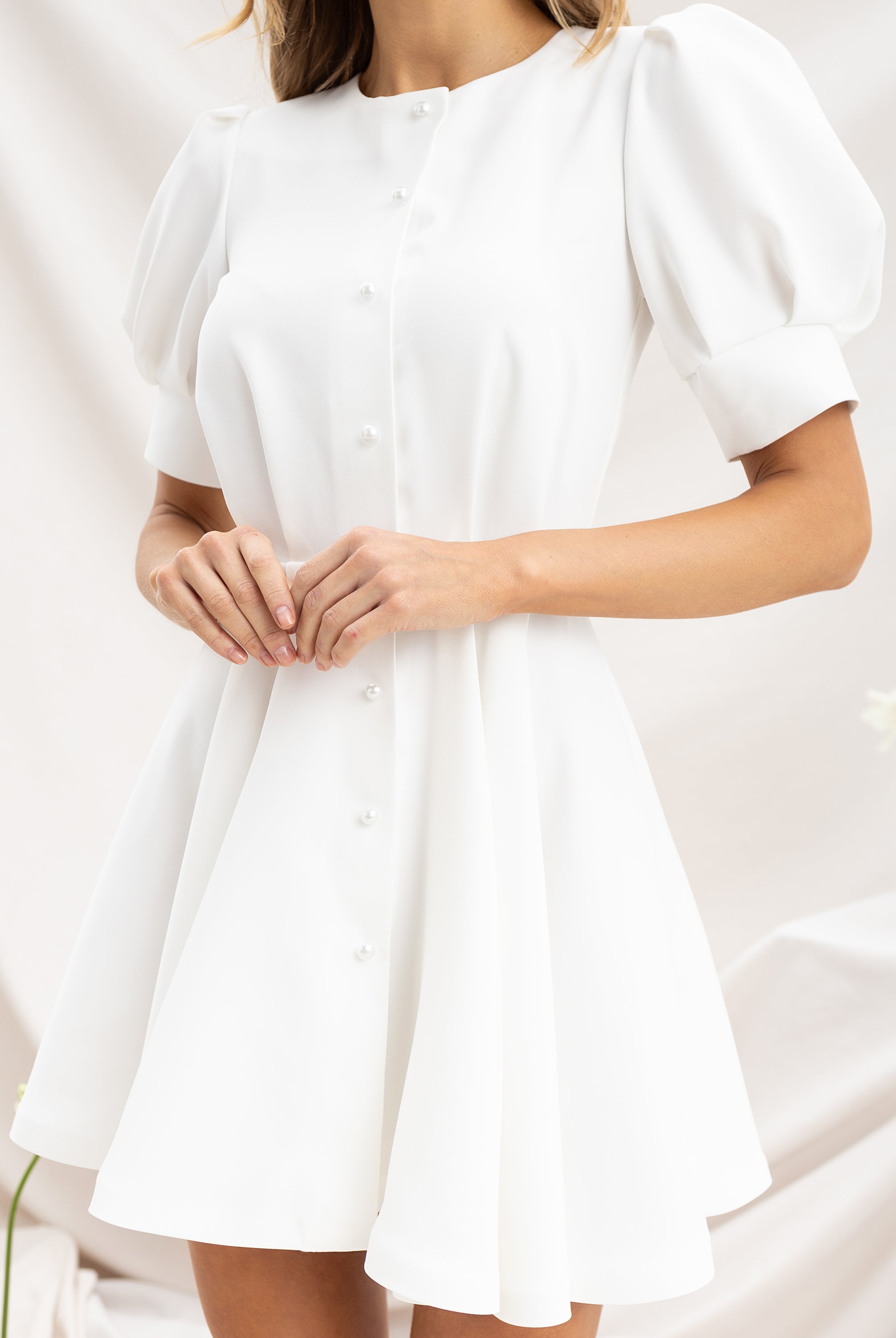 White Buttoned Puff-Sleeve Mini Dress - back view | ELAGIA