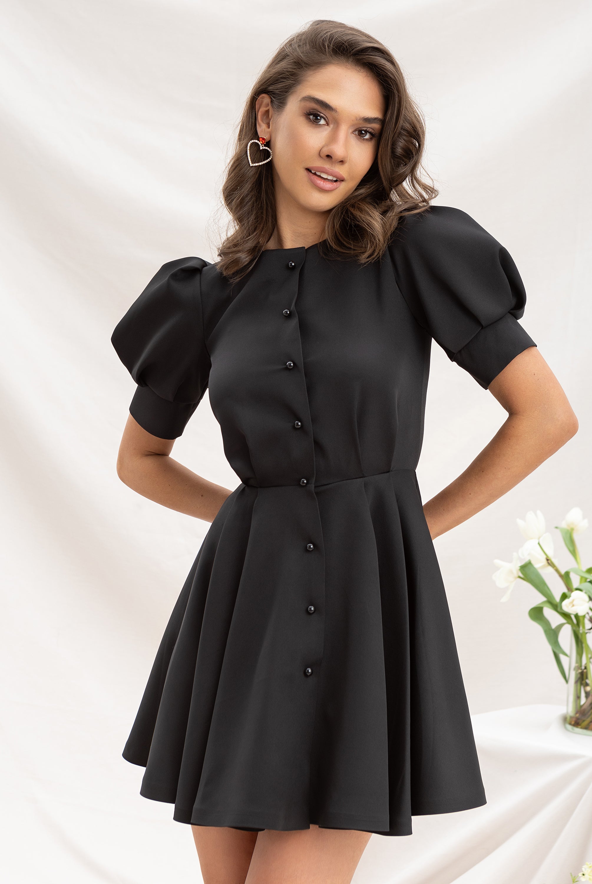 Black Buttoned Puff-Sleeve Mini Dress - close-up detail | ELAGIA