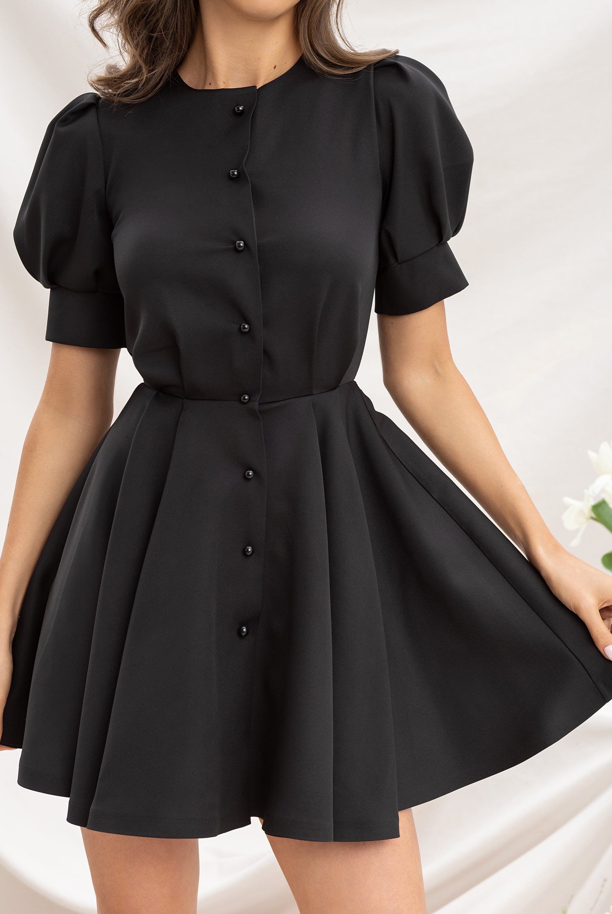 Black Buttoned Puff-Sleeve Mini Dress - styled look | ELAGIA
