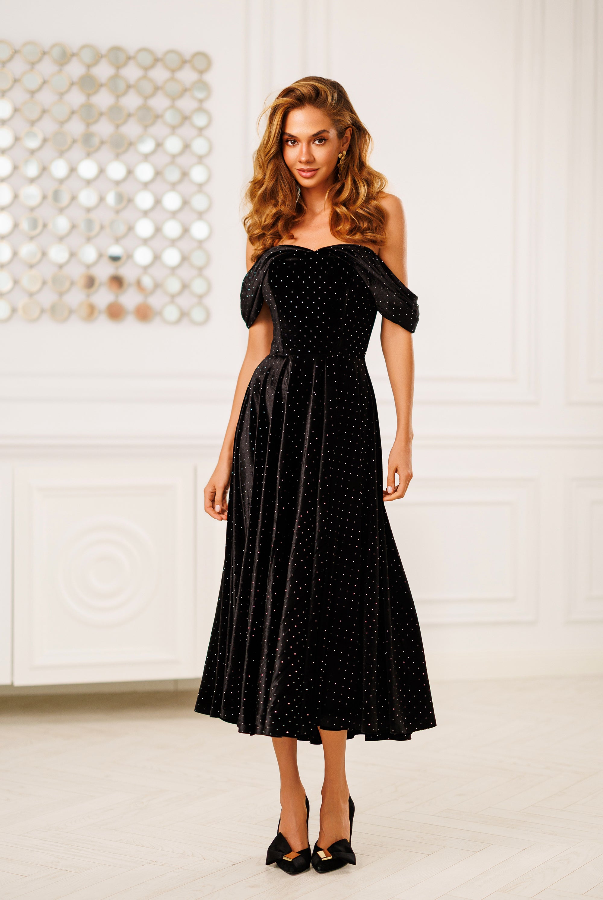 Nova Black Velvet Off-Shoulder Rhinestone Midi Dress - view 7 | ELAGIA