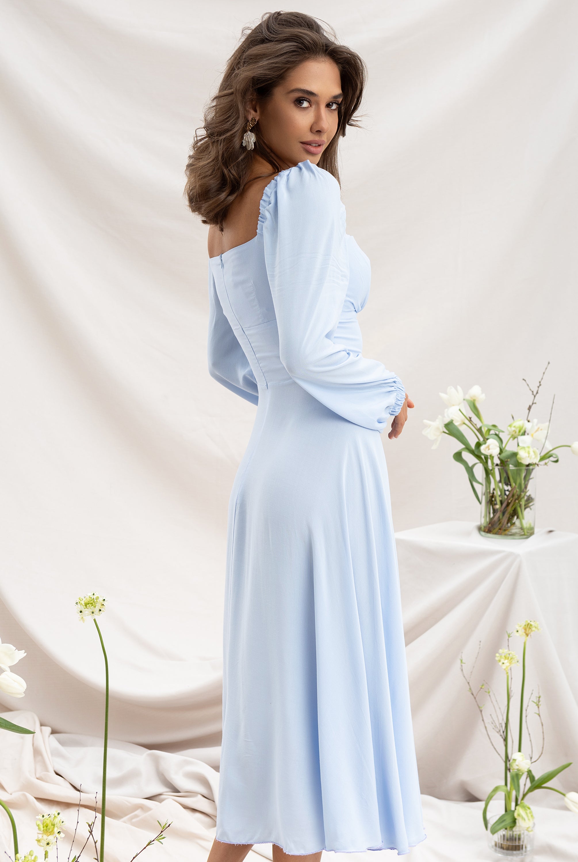Sky-Blue Sweetheart Puff Sleeve Midi Dress - back view | ELAGIA