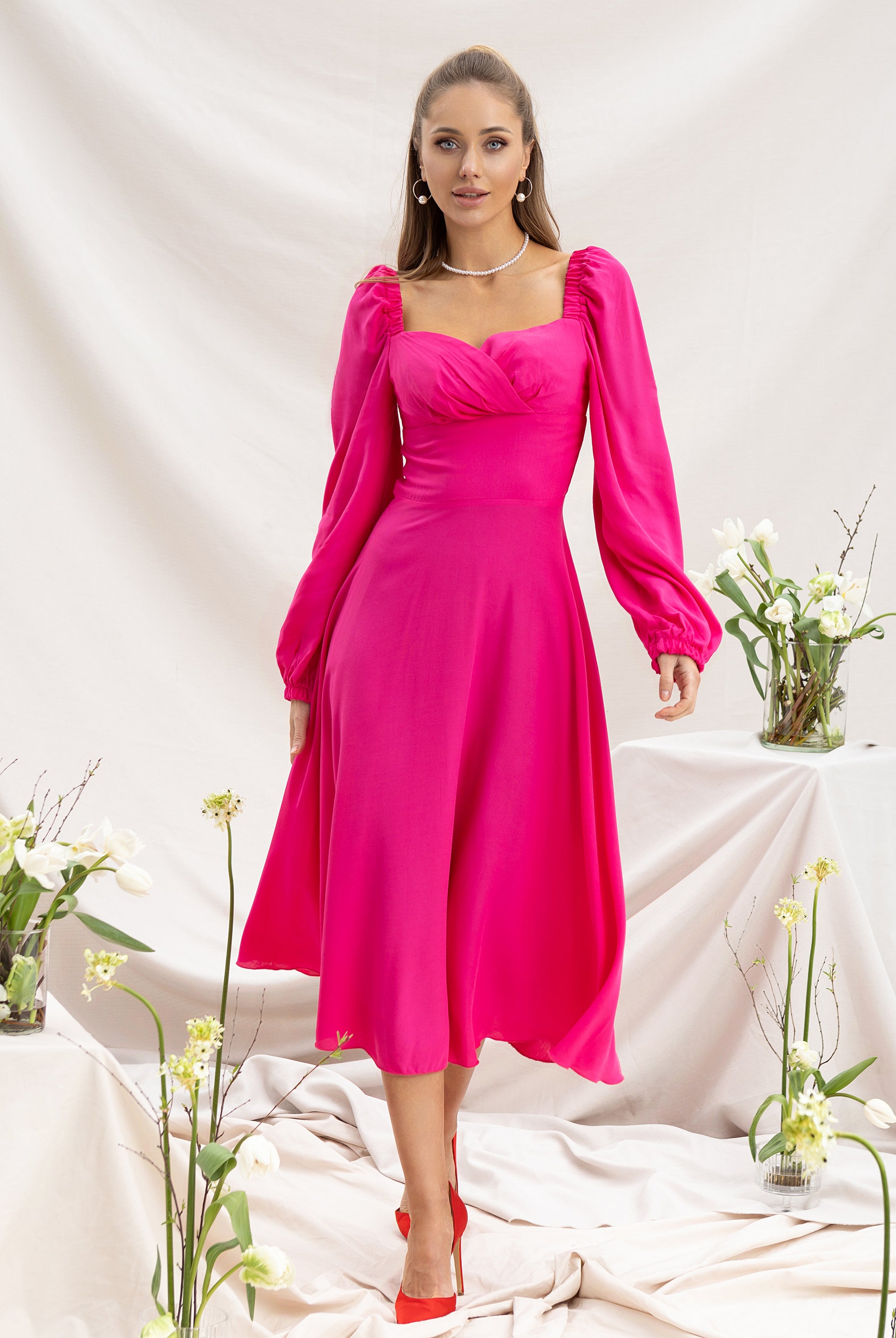 Crimson Sweetheart Puff Sleeve Midi Dress - styled look | ELAGIA