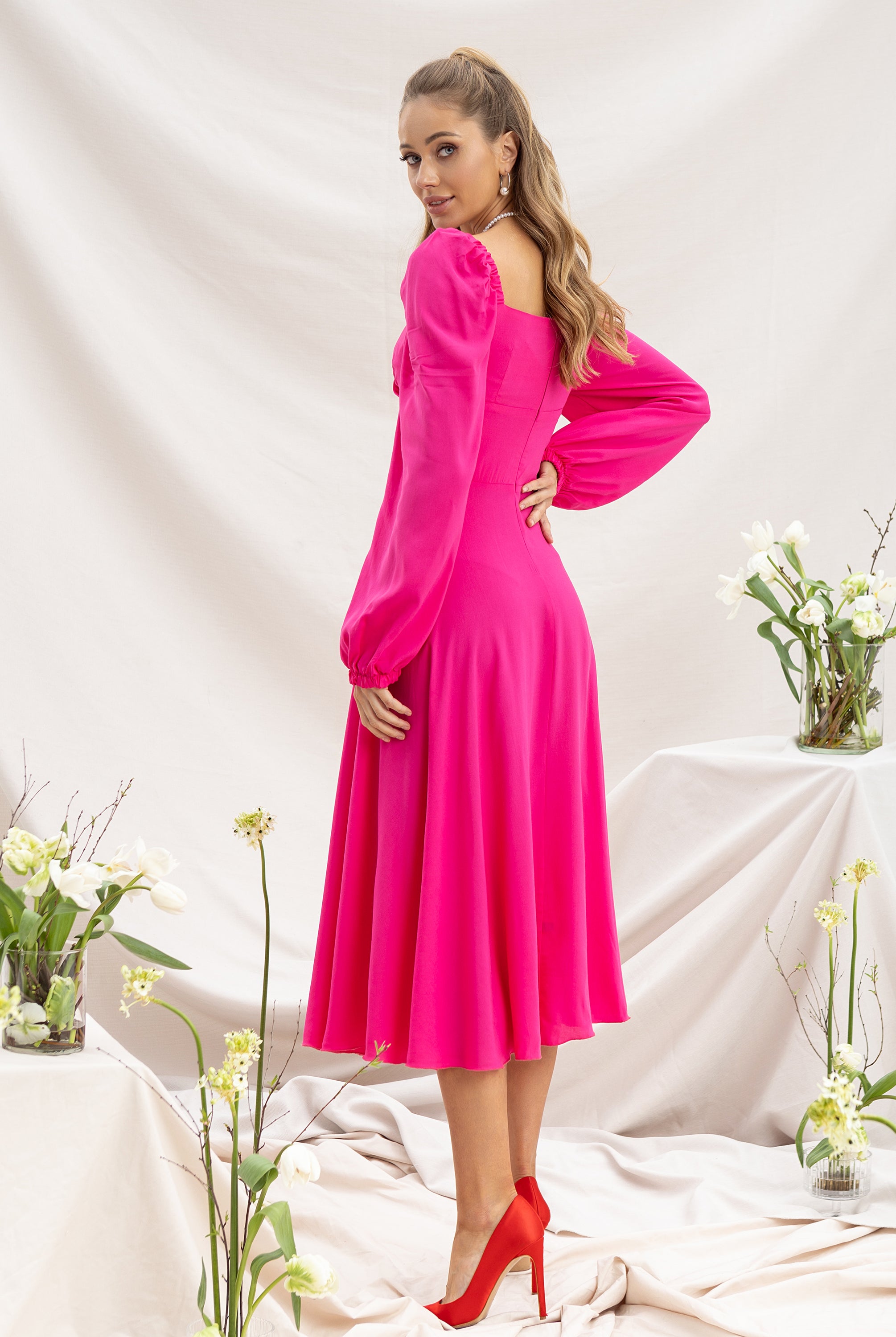 Crimson Sweetheart Puff Sleeve Midi Dress - side view | ELAGIA