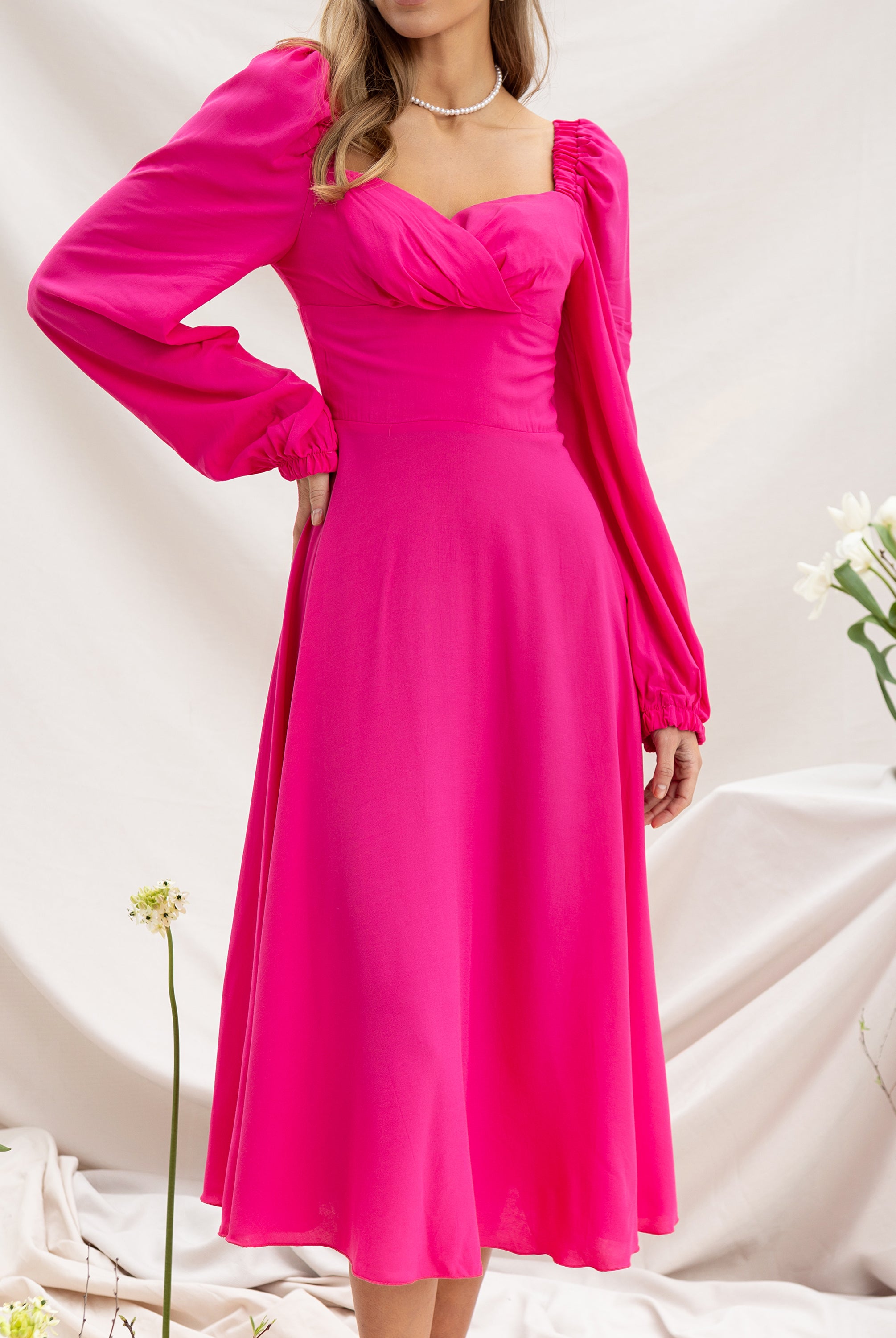 Crimson Sweetheart Puff Sleeve Midi Dress - close-up detail | ELAGIA