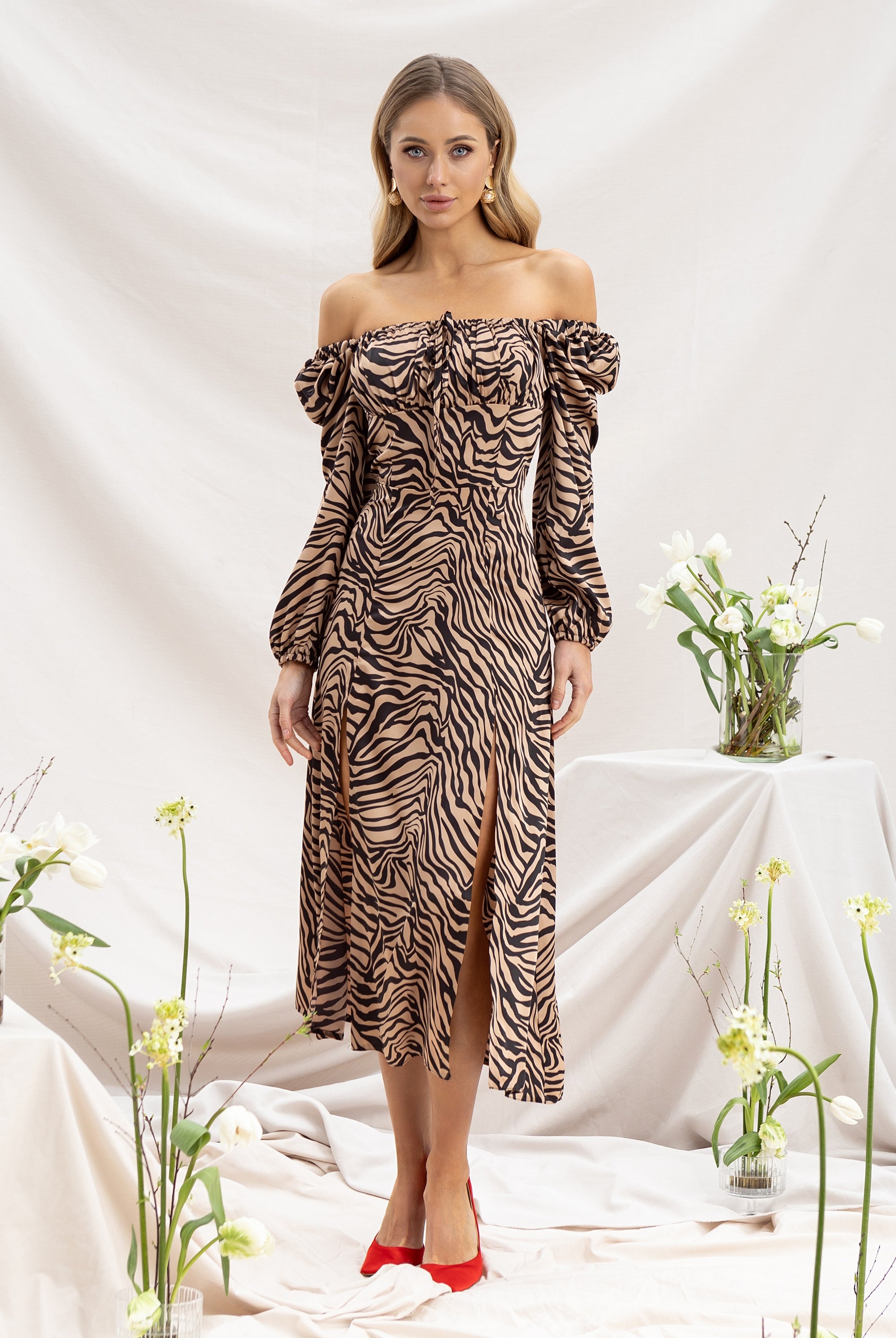 Coffee Polka-Dot Puff Sleeve Midi Dress - front view | ELAGIA