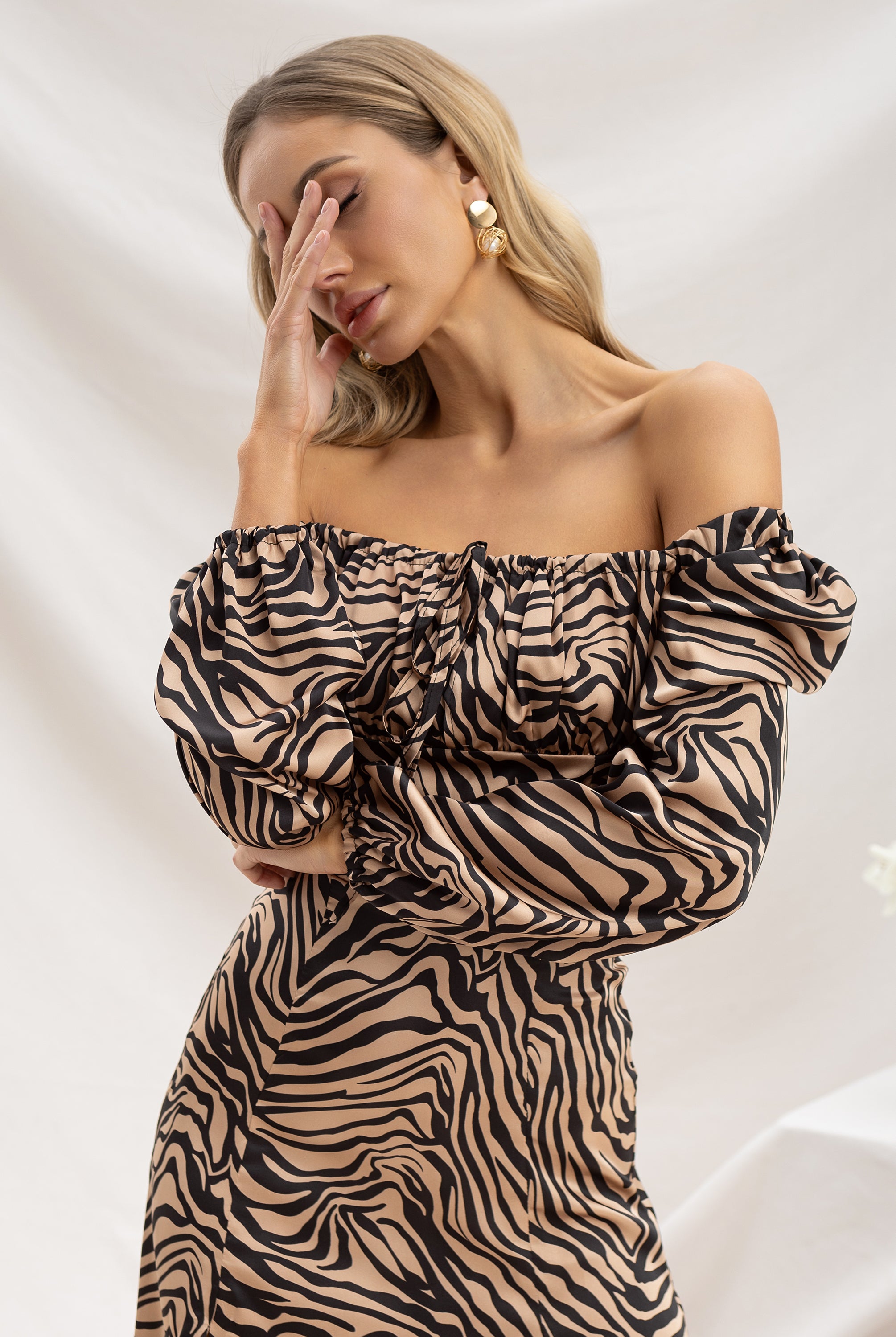 Coffee Polka-Dot Puff Sleeve Midi Dress - back view | ELAGIA