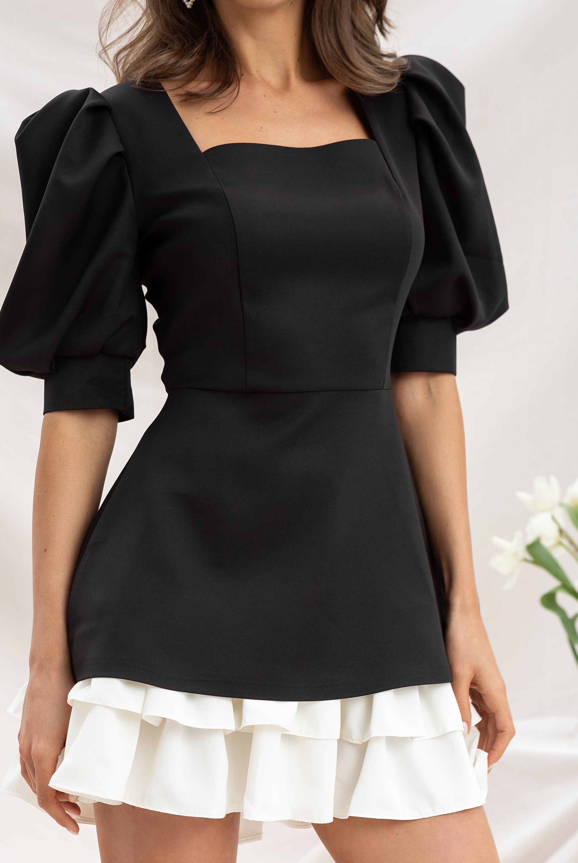 Black Queen Anne Puff Sleeve Mini Dress - back view | ELAGIA