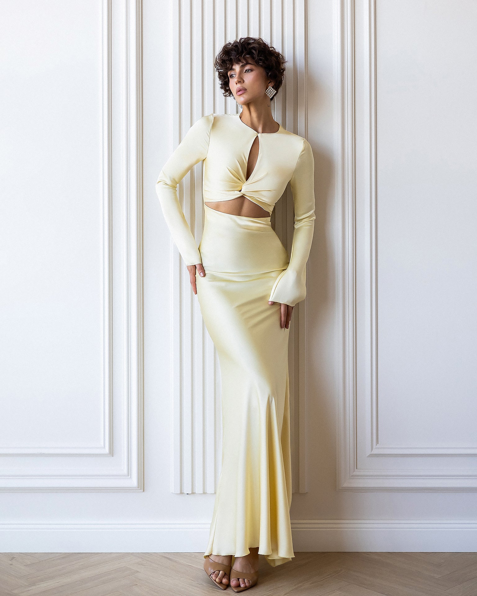 ELAGIA Novelle Yellow Satin Twist-Front Cut-Out Maxi Dress front view - 3 piece women's suit purple business suit women