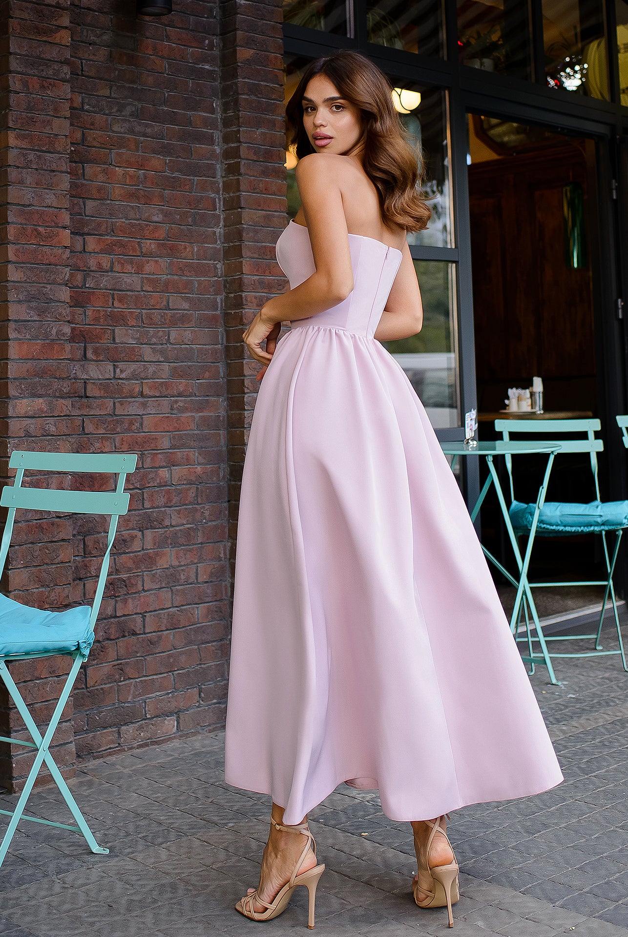 Dusty Pink Strapless Midi Dress - side view | ELAGIA