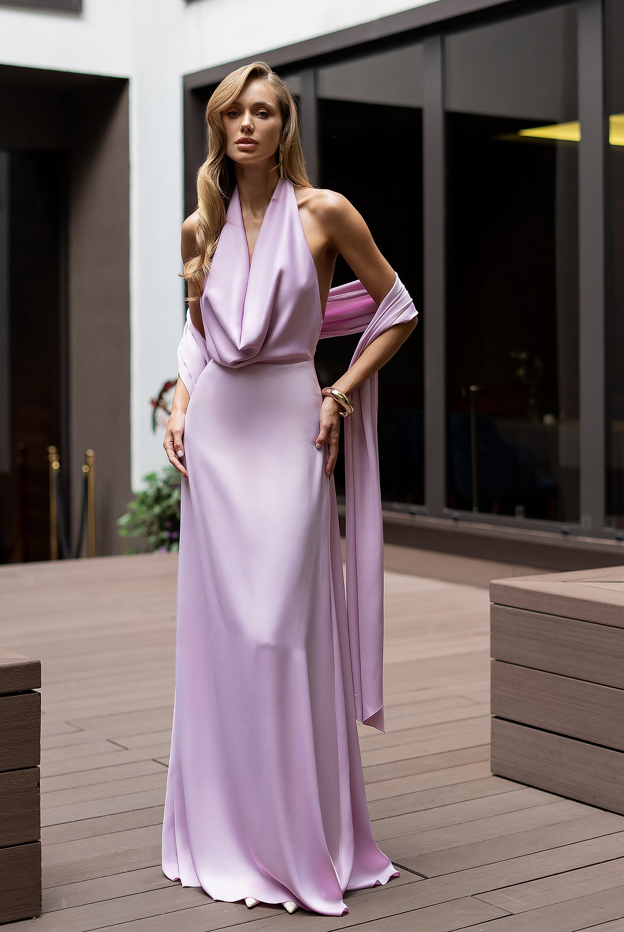 Céline Pink Satin Drape Halter-Neck Backless Maxi Dress - view 10 | ELAGIA